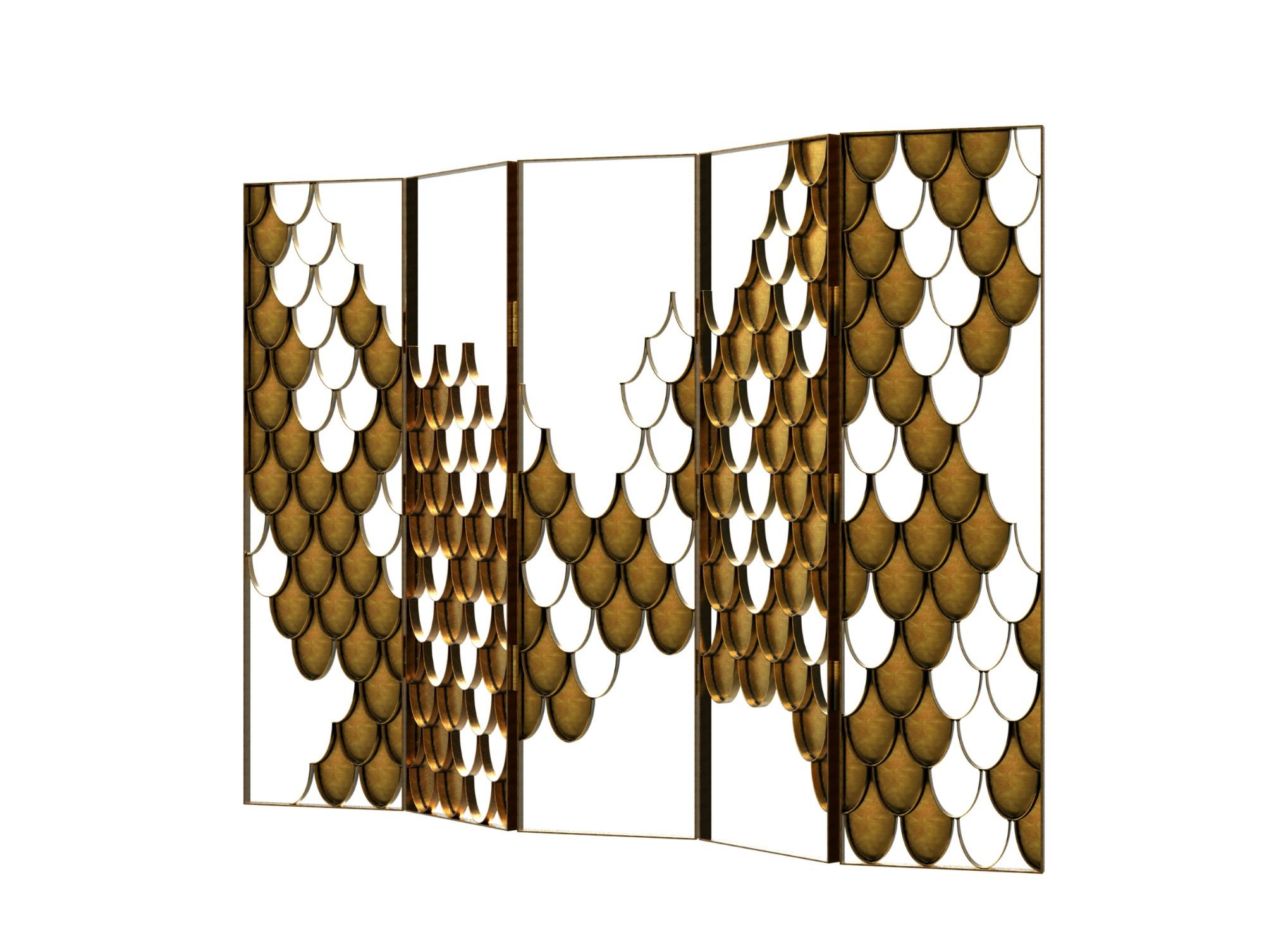 Art Deco Koi II Screen in Brushed Aged Brass with Scale Motif For Sale
