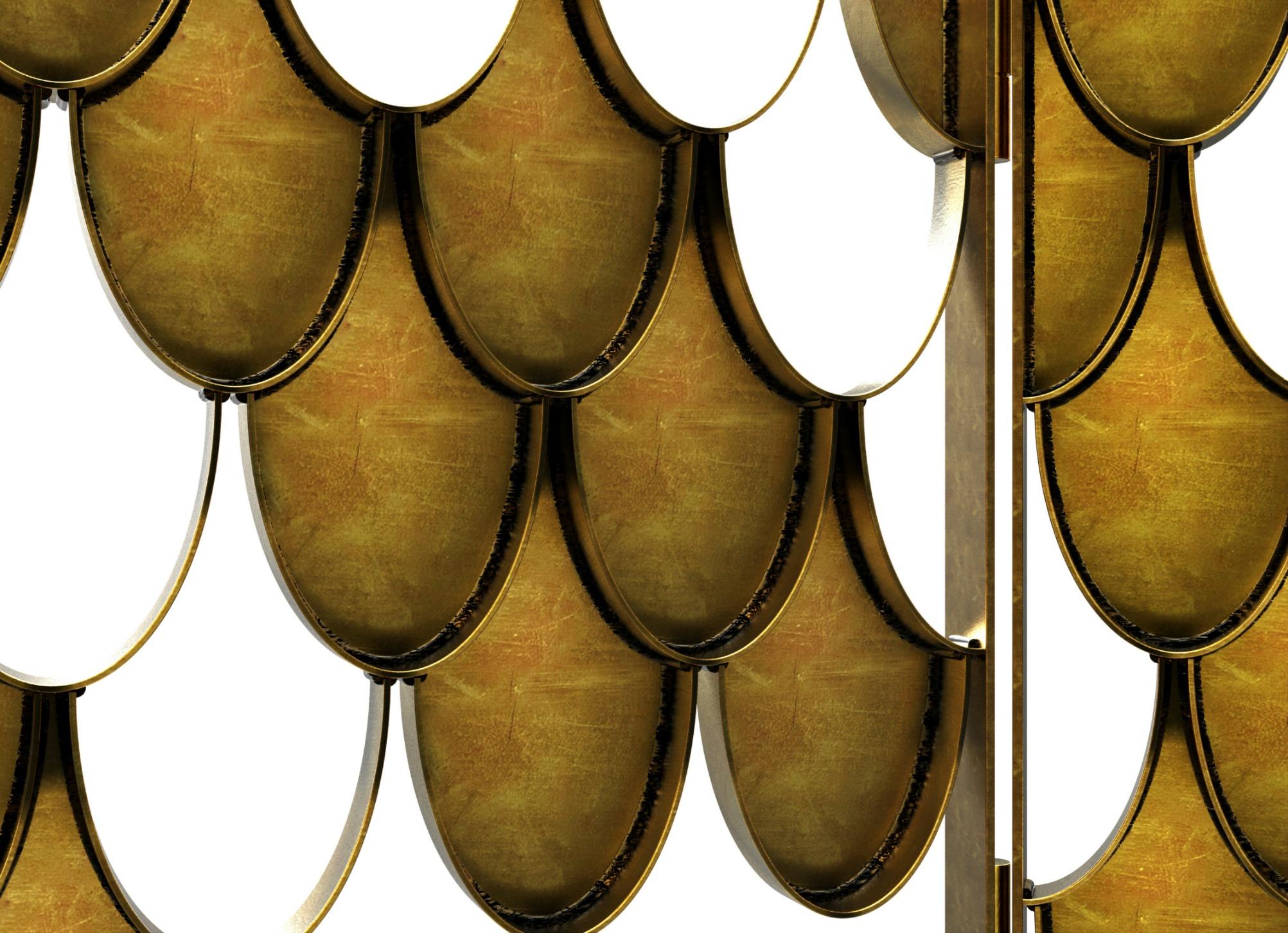 Koi II Screen in Brushed Aged Brass with Scale Motif In New Condition For Sale In New York, NY