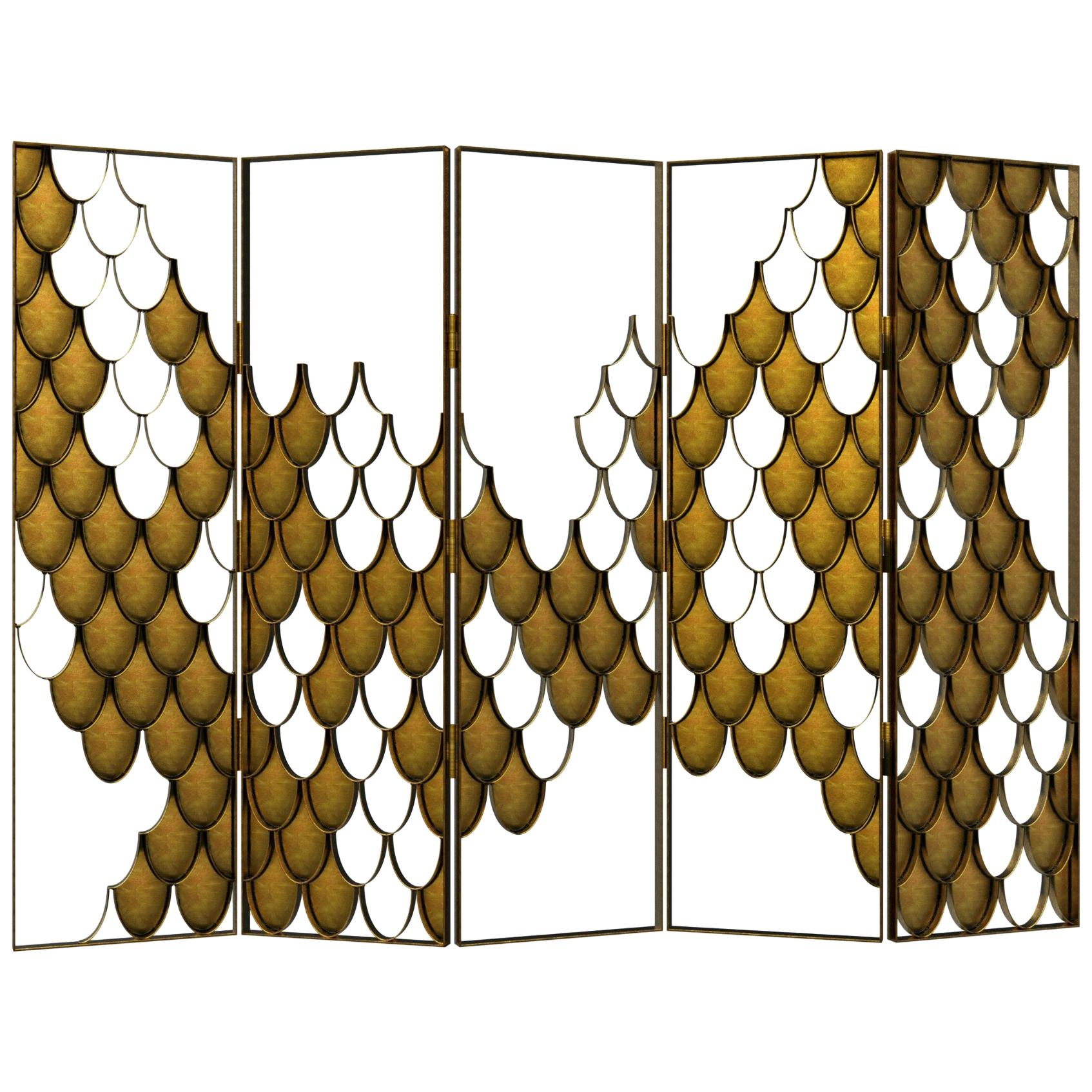 Koi II Screen in Brushed Aged Brass with Scale Motif For Sale