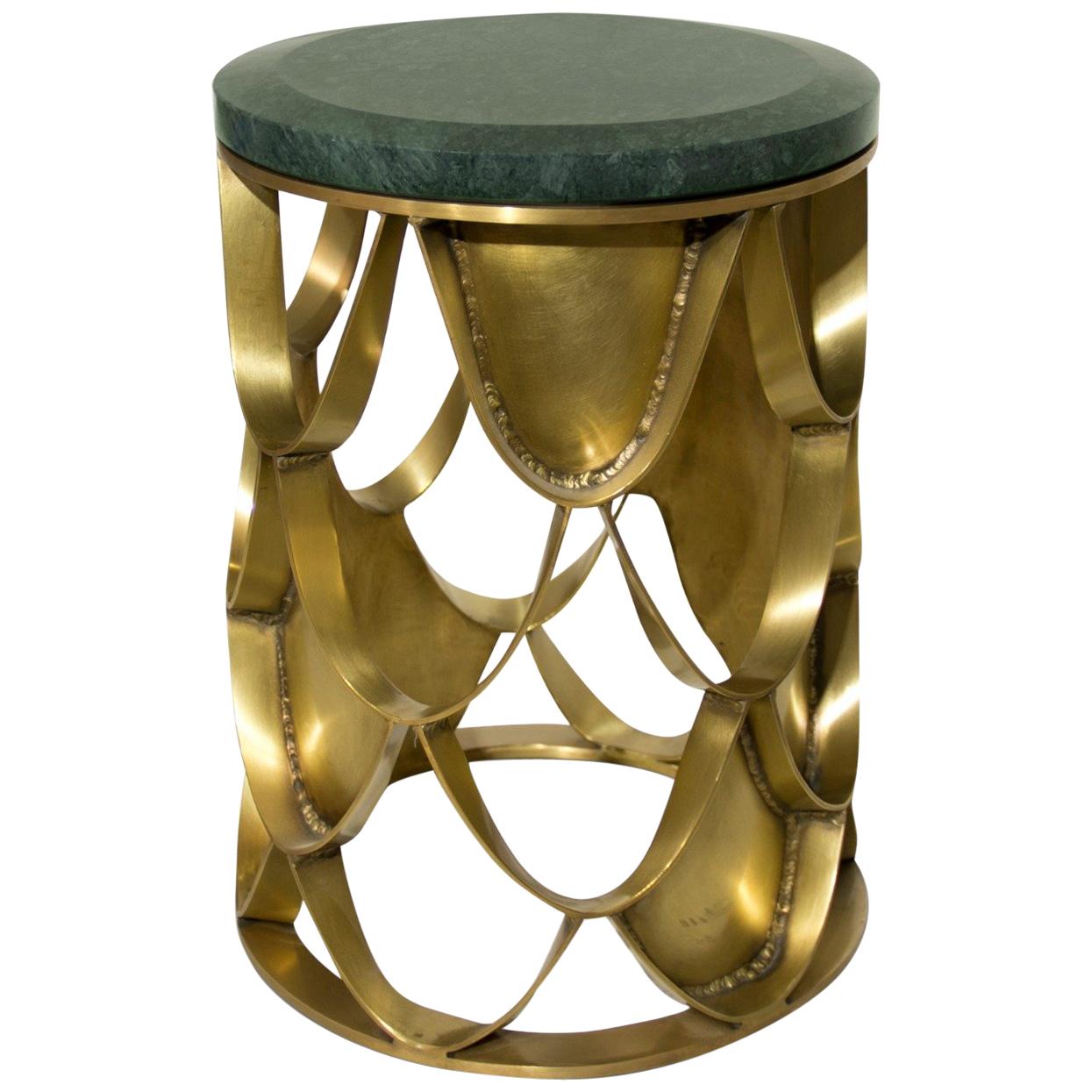 Koi Side Table in Brass with Green Marble Top by Brabbu For Sale