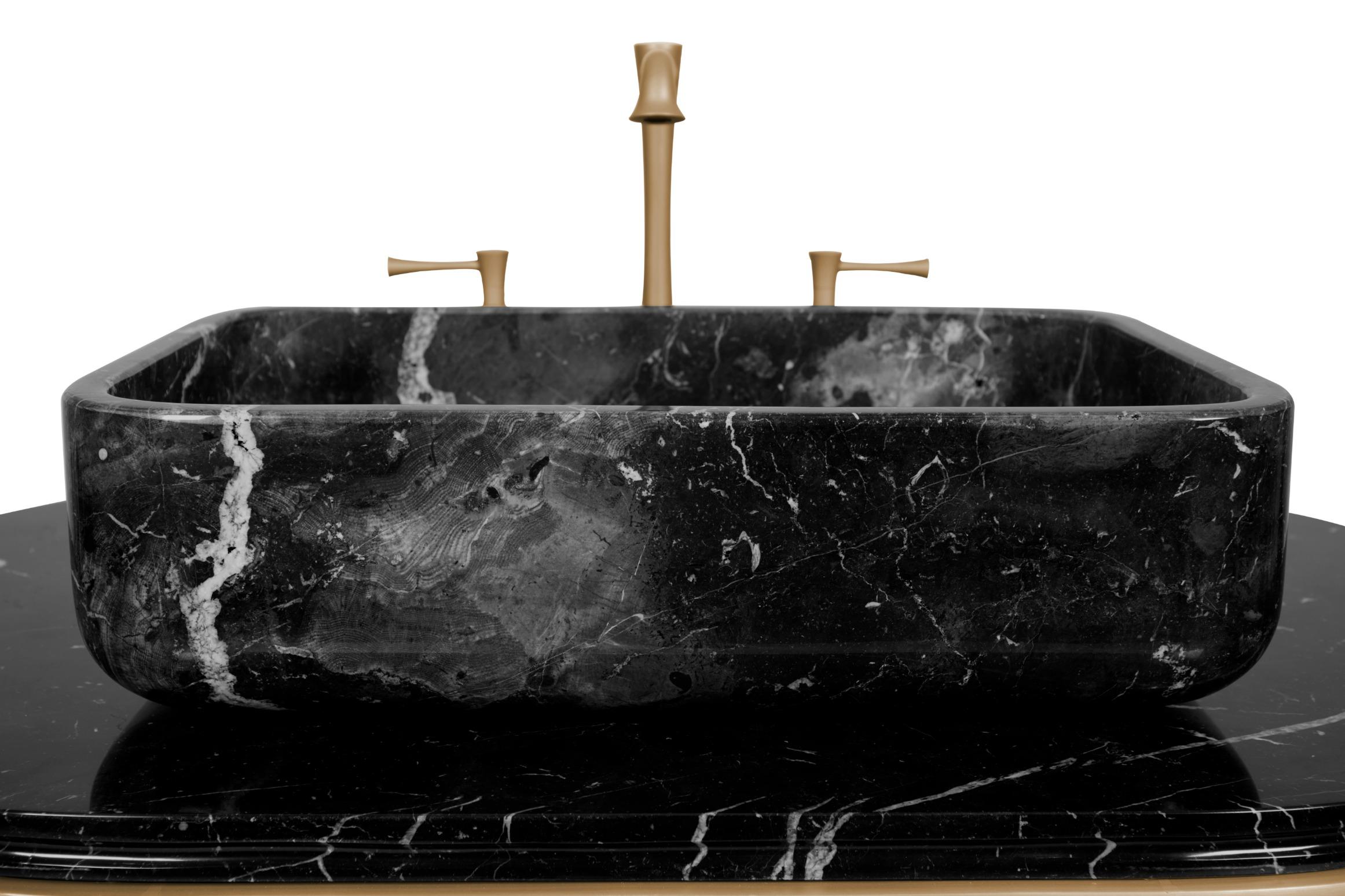 Modern Koi Single Washbasin in Estremoz Marble Gray with Brass Base by Maison Valentina For Sale