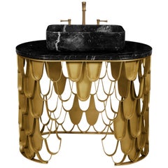 Koi Single Washbasin in Estremoz Marble Gray with Brass Base by Maison Valentina