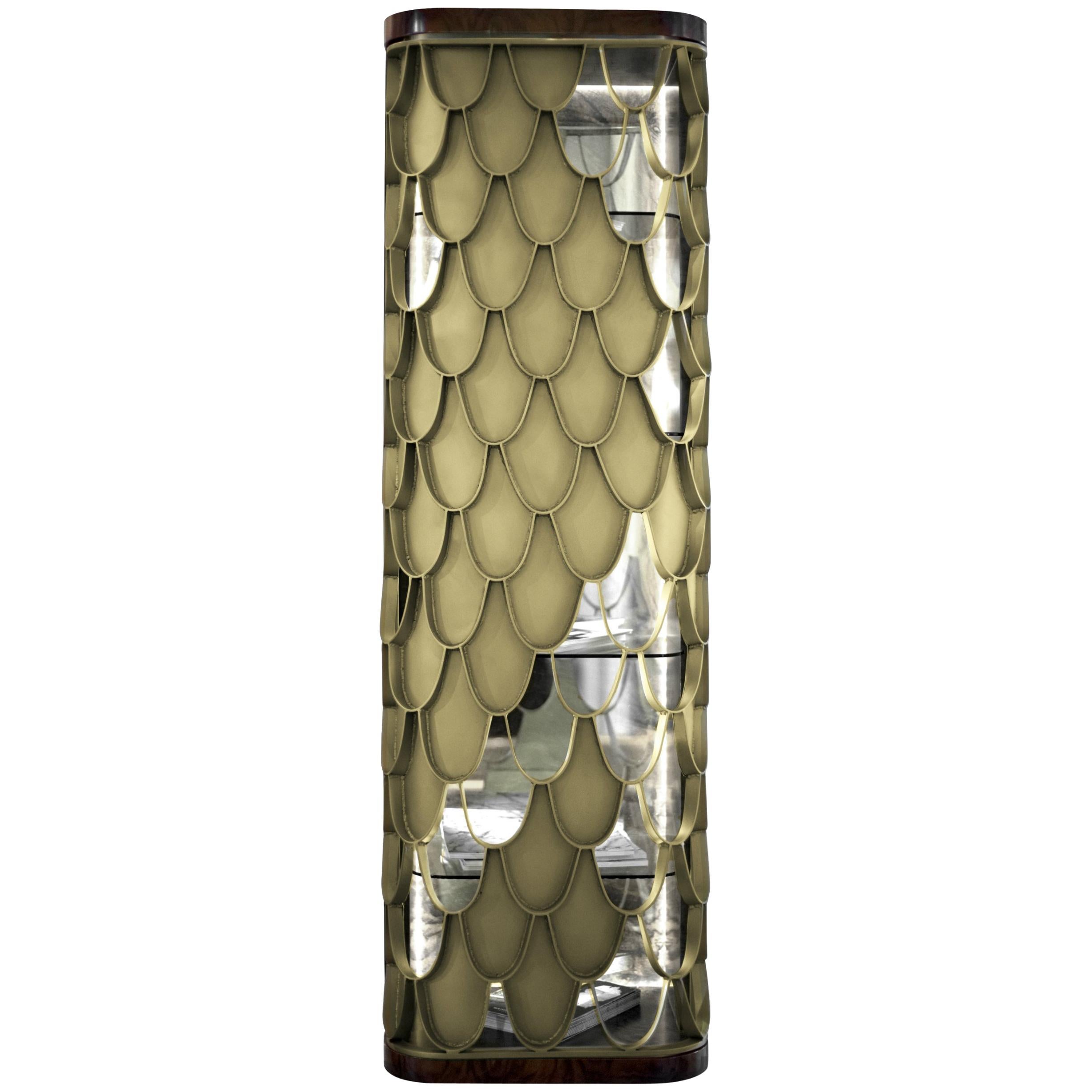 Koi Tall Storage in Black Lacquer and Brass Door For Sale