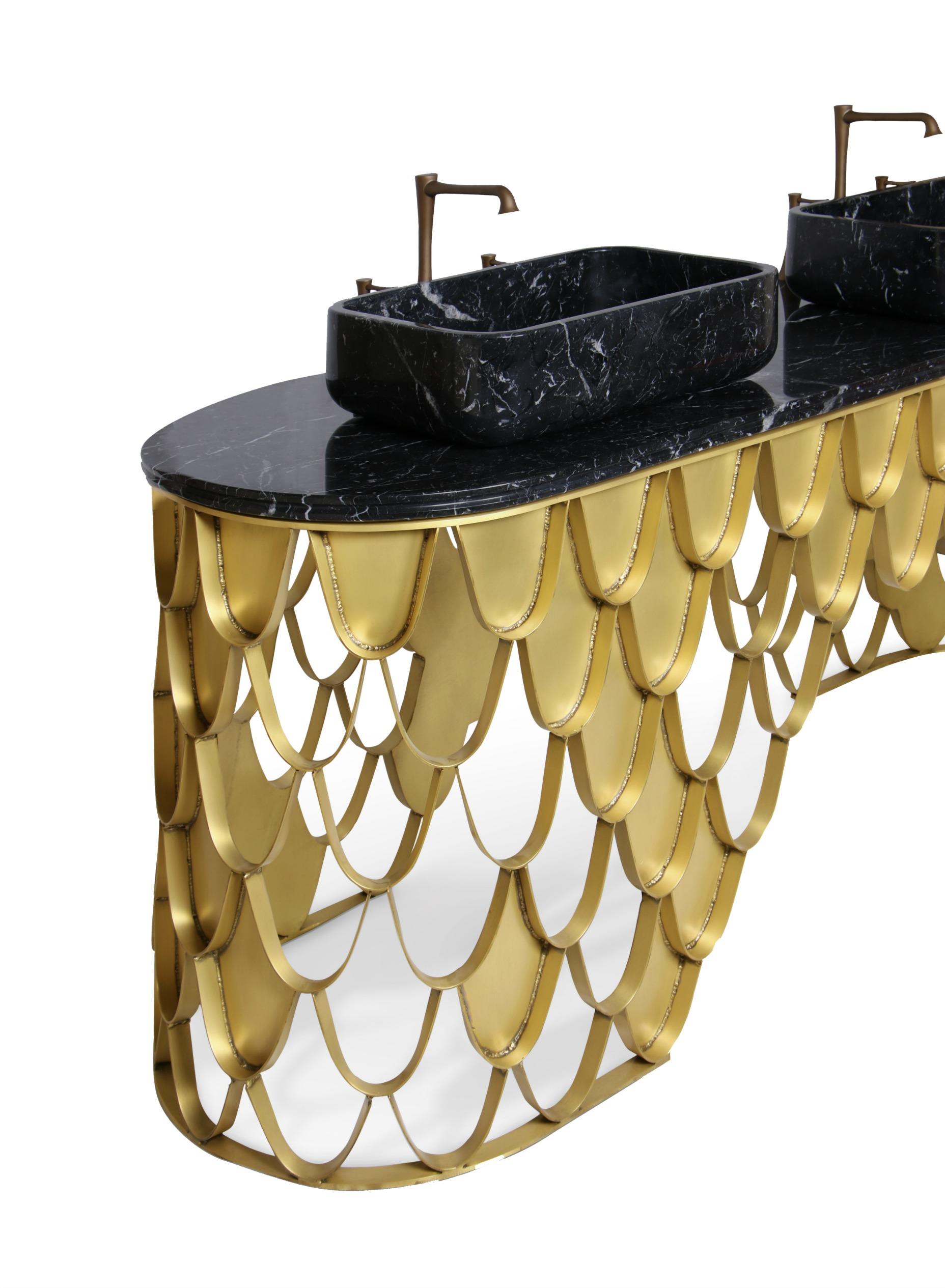 Portuguese Koi Washbasin in Estremoz Marble Gray with Brass Base by Maison Valentina For Sale