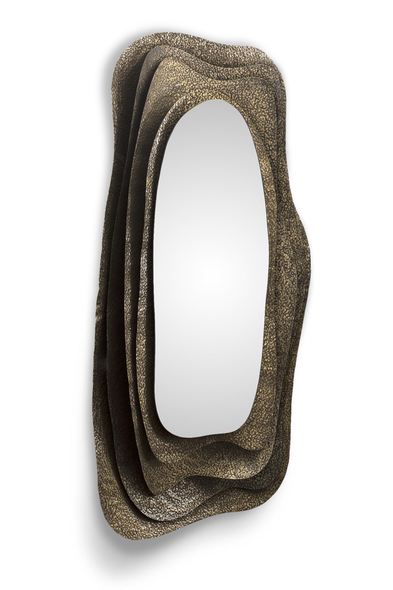 Art Deco Kumi I Rectangular Mirror in Hammered Aged Brass by Brabbu For Sale