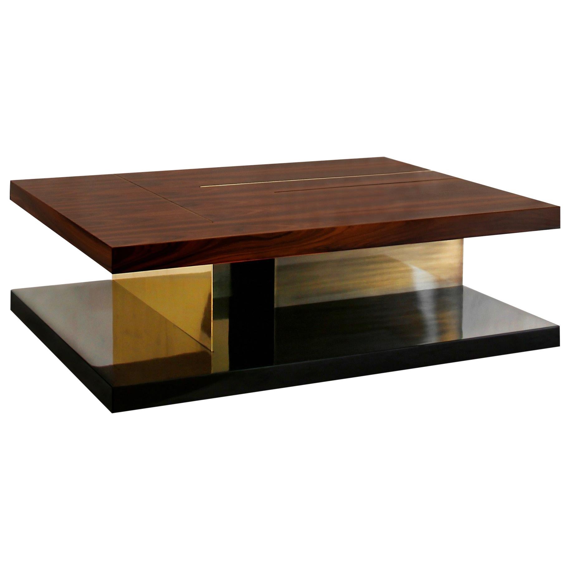 Lallan I Coffee Table with Palisander Wood Veneer and Brass Detail by Brabbu For Sale