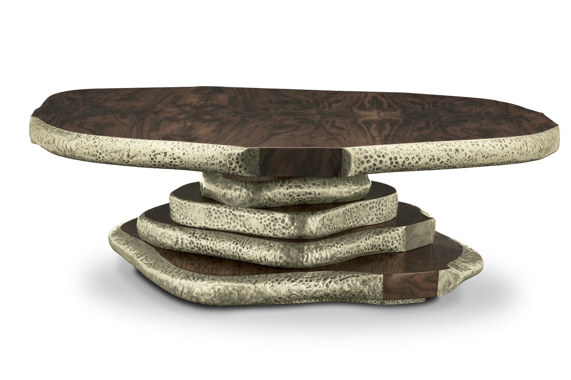 The pyramid of stones on the shore of Lake Baikal, known as Latza, inspired our designers to create LATZA Center Table. 
Walnut root veneer, Hammered aged brass, Palisander veneer, Glossy finish,
