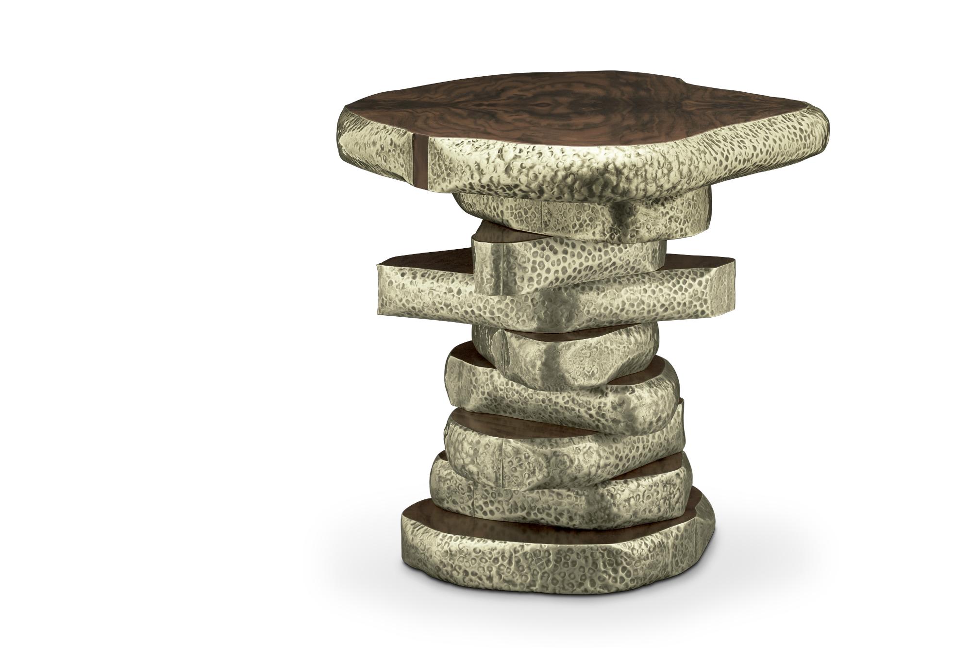 The pyramid of stones on the shore of Lake Baikal, known as Latza, inspired our designers to create LATZA Side Table. 
Walnut root veneer, Hammered aged brass, Palisander veneer, Glossy finish,
