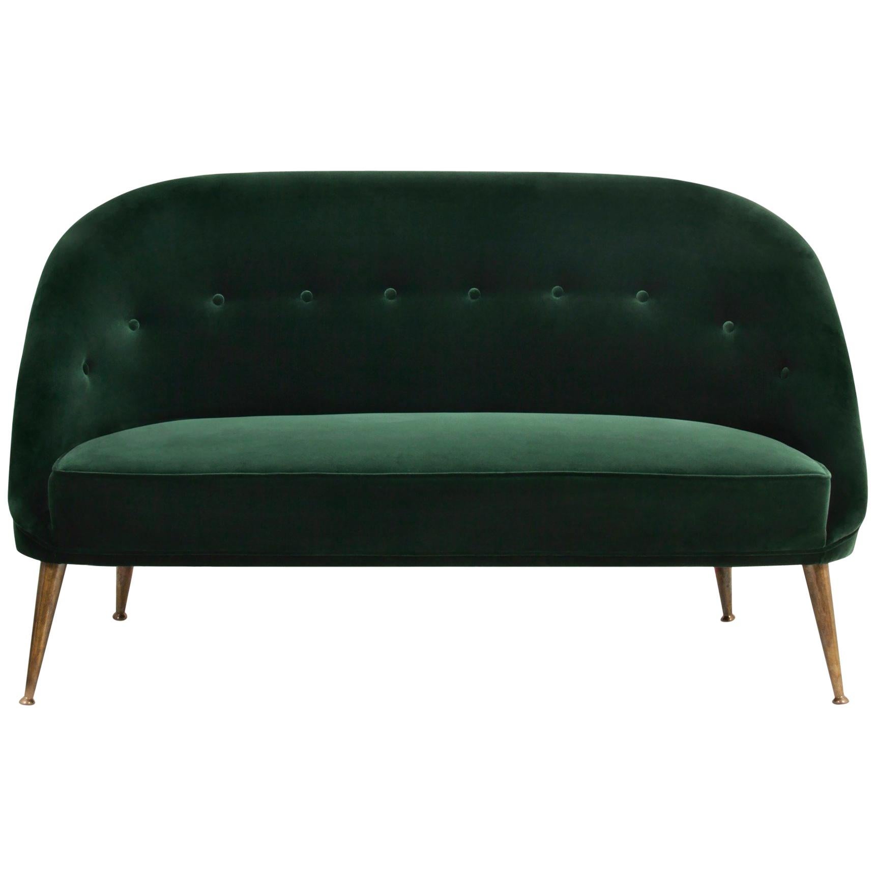 Malay 2 Seat Sofa in Cotton Velvet with Wood & Brass Legs For Sale
