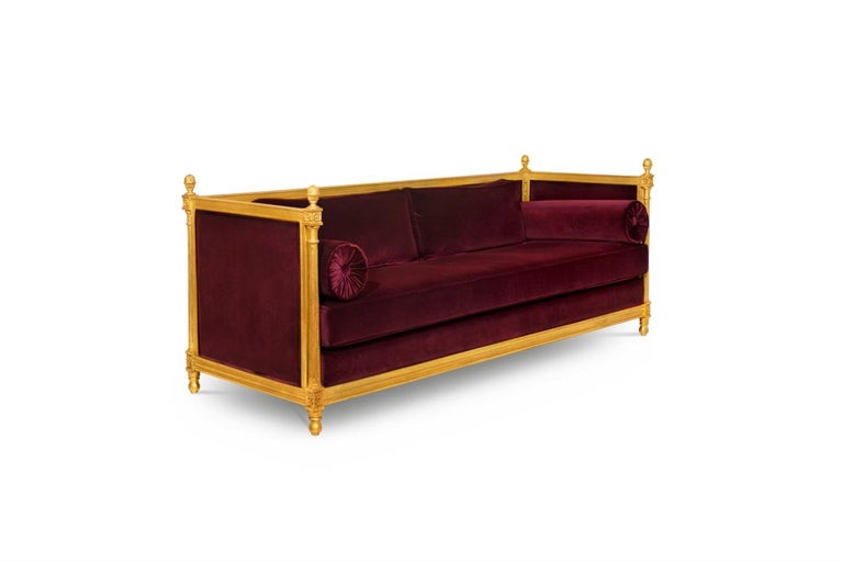 Malkiy Sofa In Ruby Cotton Velvet With Gold Details