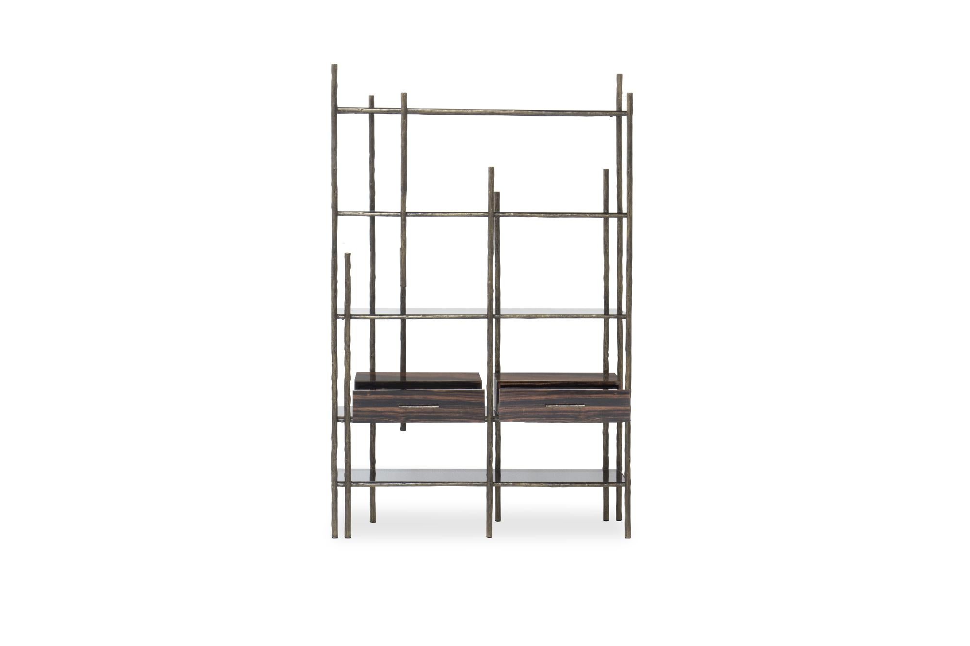 Art Deco Mambu Bookcase in Brushed Brass with Smoked Glass Detail For Sale