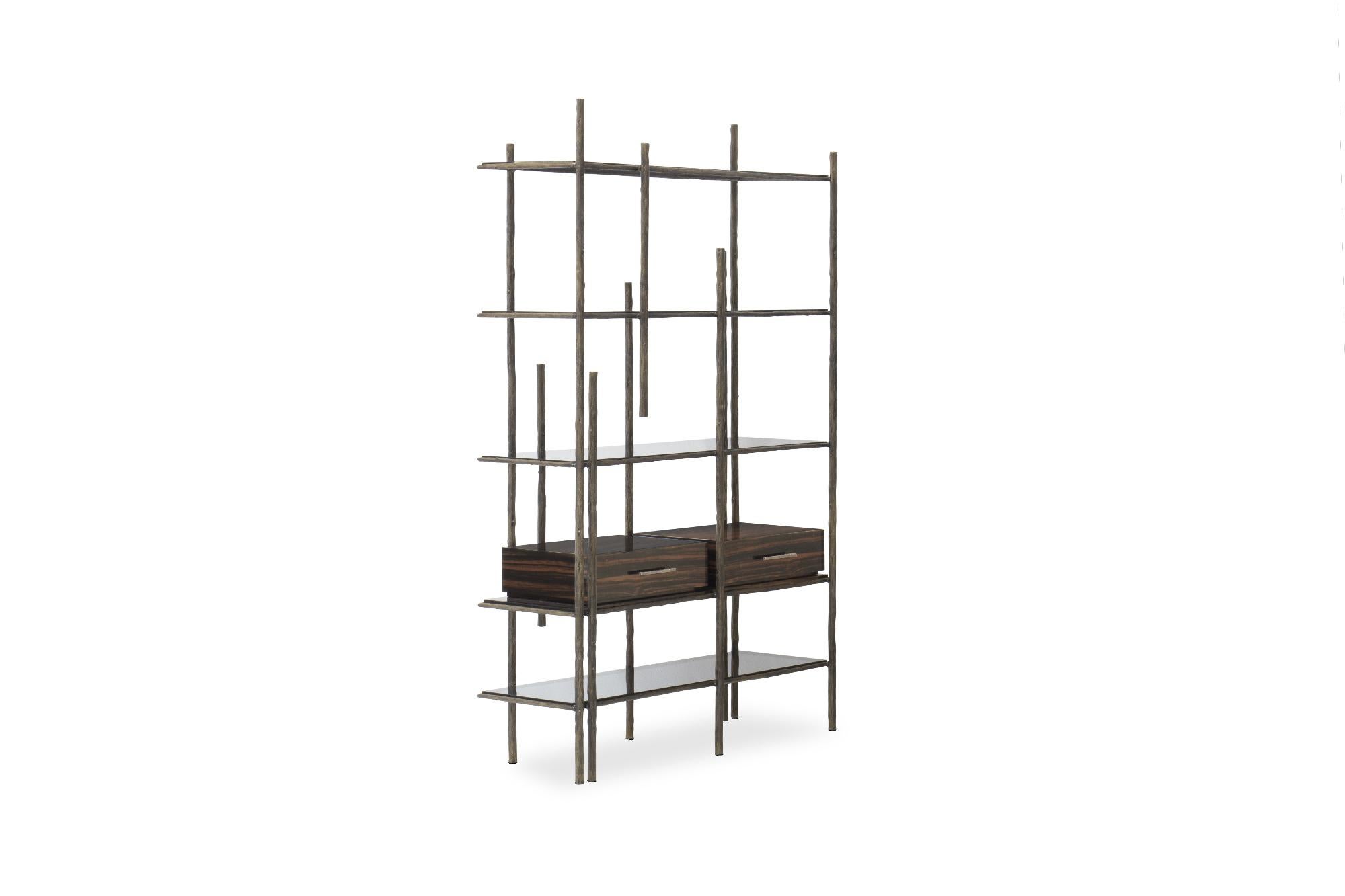 Portuguese Mambu Bookcase in Brushed Brass with Smoked Glass Detail For Sale