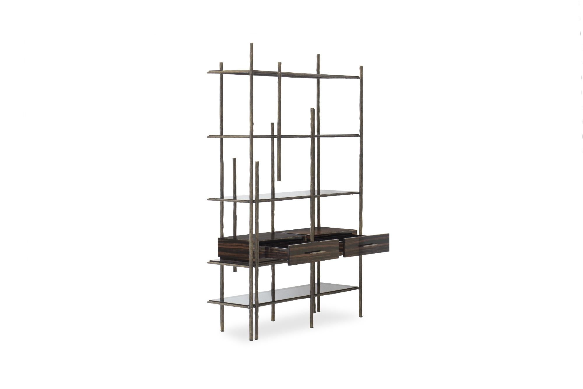 Mambu Bookcase in Brushed Brass with Smoked Glass Detail In New Condition For Sale In New York, NY
