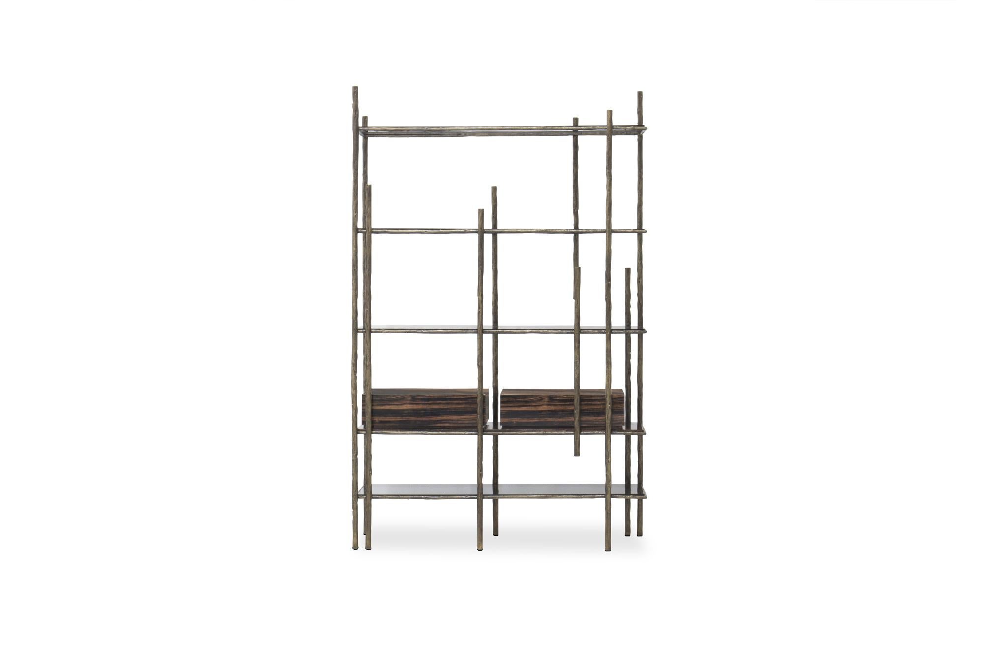 Mambu Bookcase in Brushed Brass with Smoked Glass Detail For Sale 1