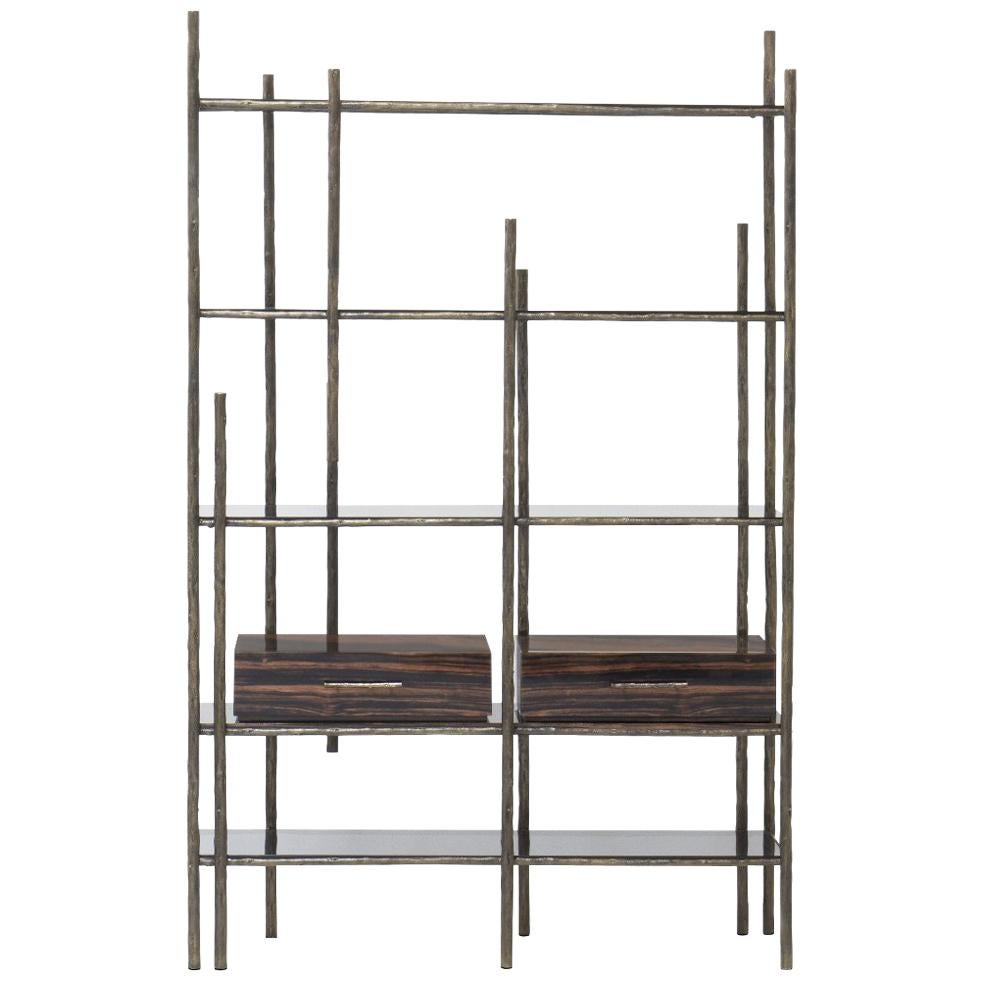 Mambu Bookcase in Brushed Brass with Smoked Glass Detail For Sale