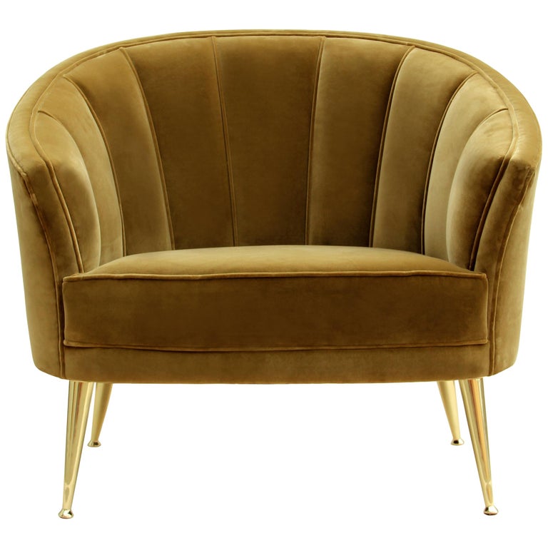 Brabbu Maya Armchair in Gold Cotton Velvet with Brass Legs For Sale at