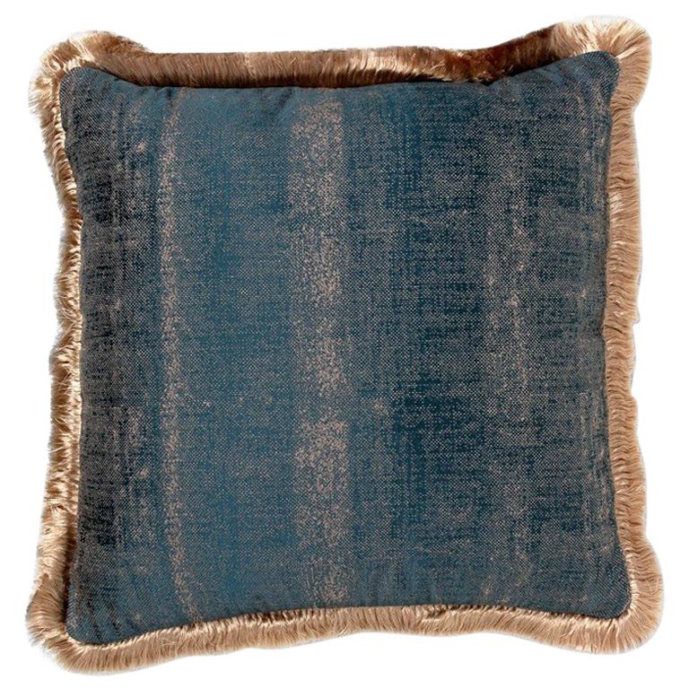 Mystical Pillow in Teal Velvet with Fuzzy Gold Trim For Sale