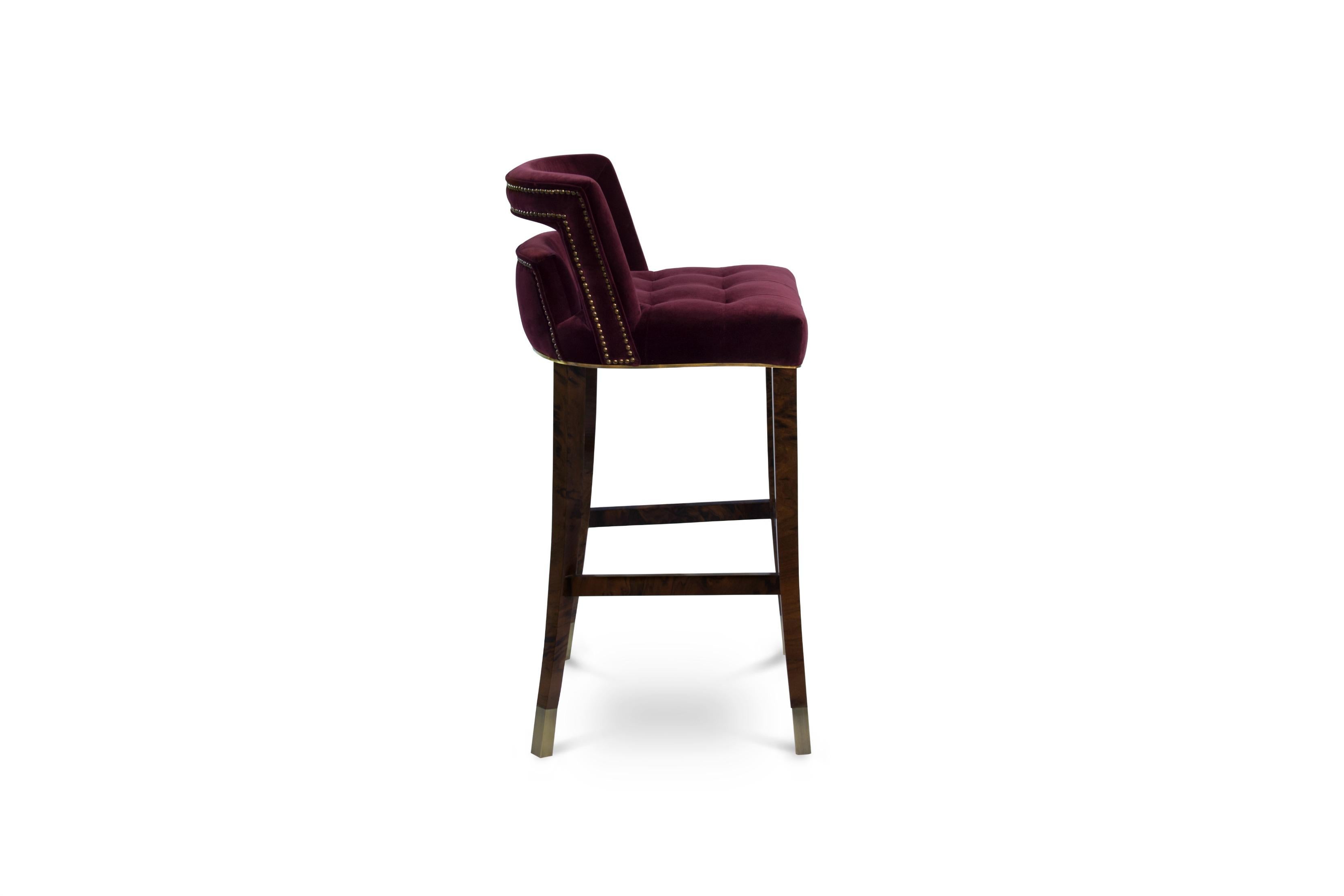 Mid-Century Modern Naj Bar Chair in Cotton Velvet with Wood and Brass Detail For Sale