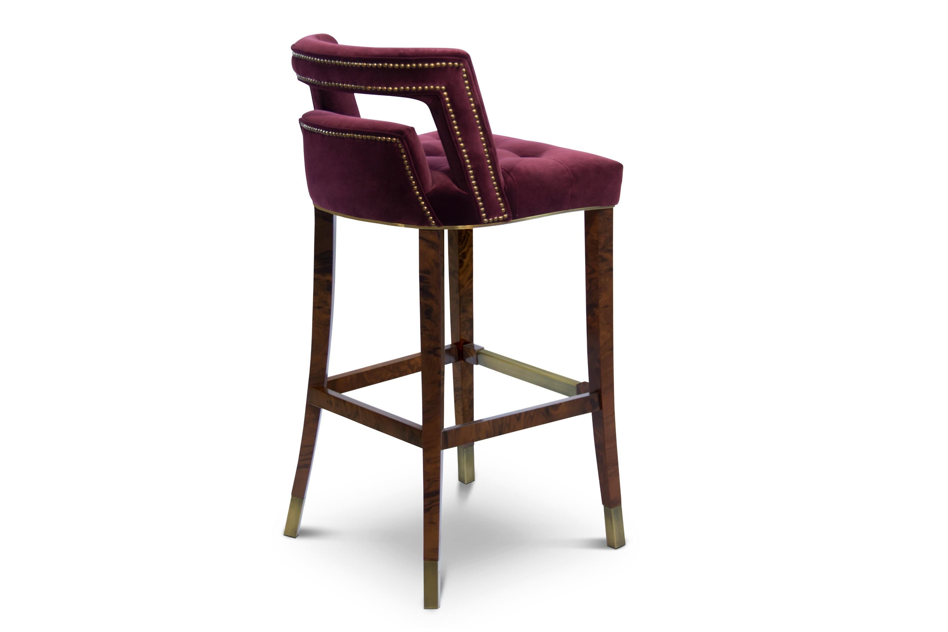 Portuguese Naj Bar Chair in Cotton Velvet with Wood and Brass Detail For Sale