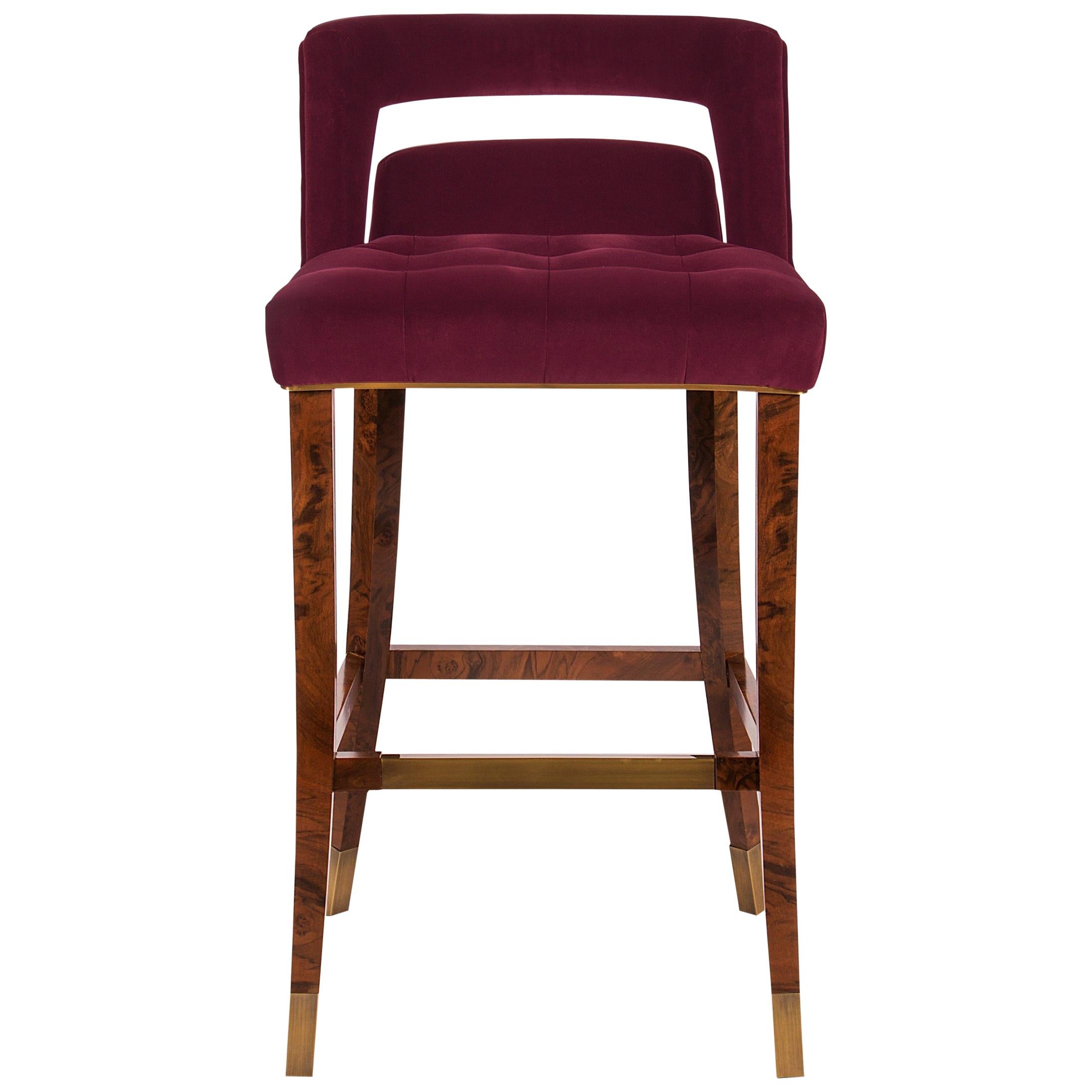 Naj Bar Chair in Cotton Velvet with Wood and Brass Detail For Sale