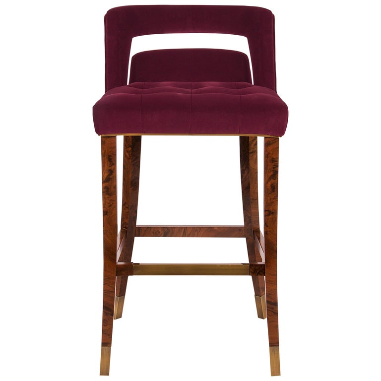 Brabbu Naj Bar Chair in Red Cotton Velvet with Wood and Brass Detail