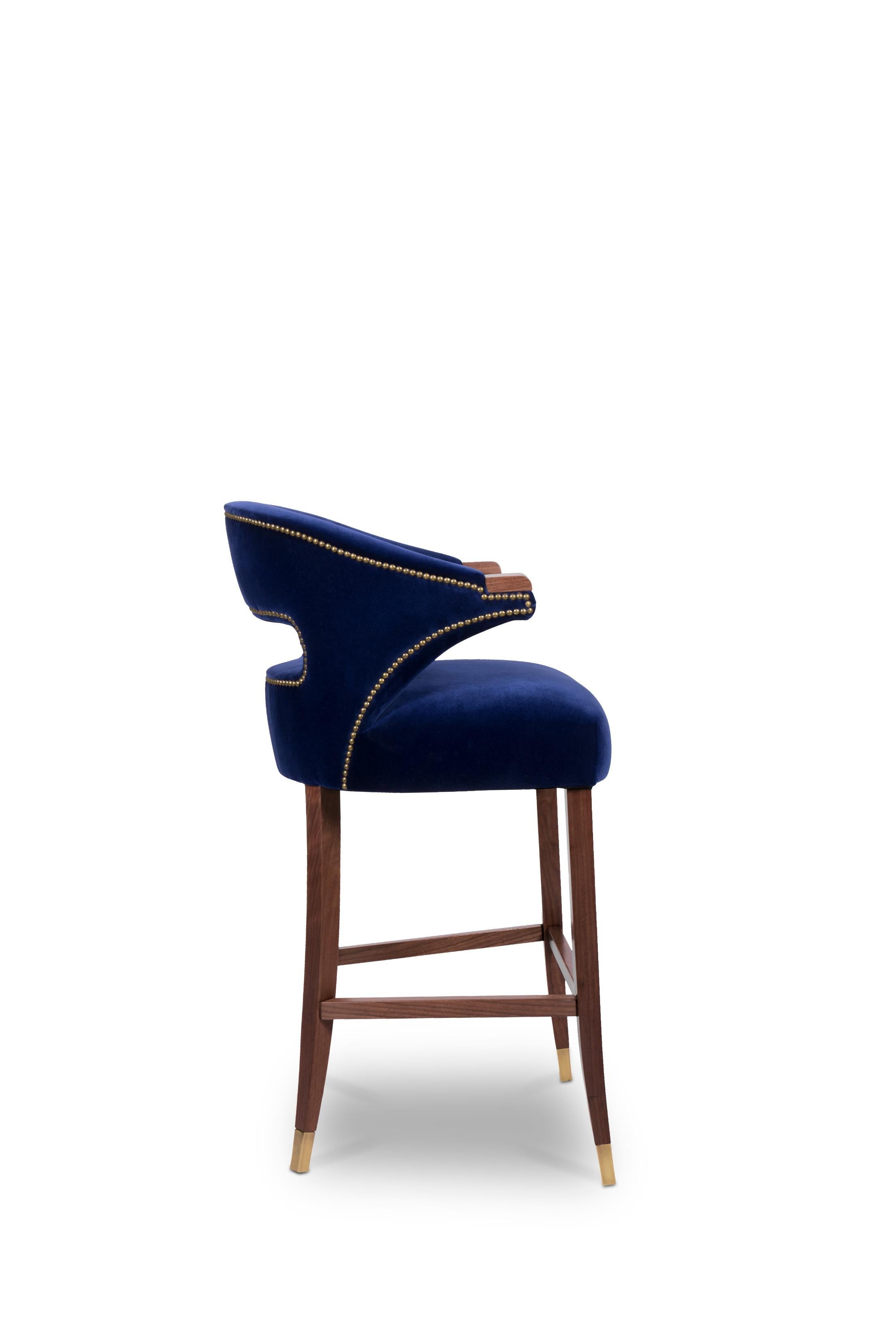 Mid-Century Modern Nanook Bar Chair in Cotton Velvet with Wood and Brass Detail For Sale
