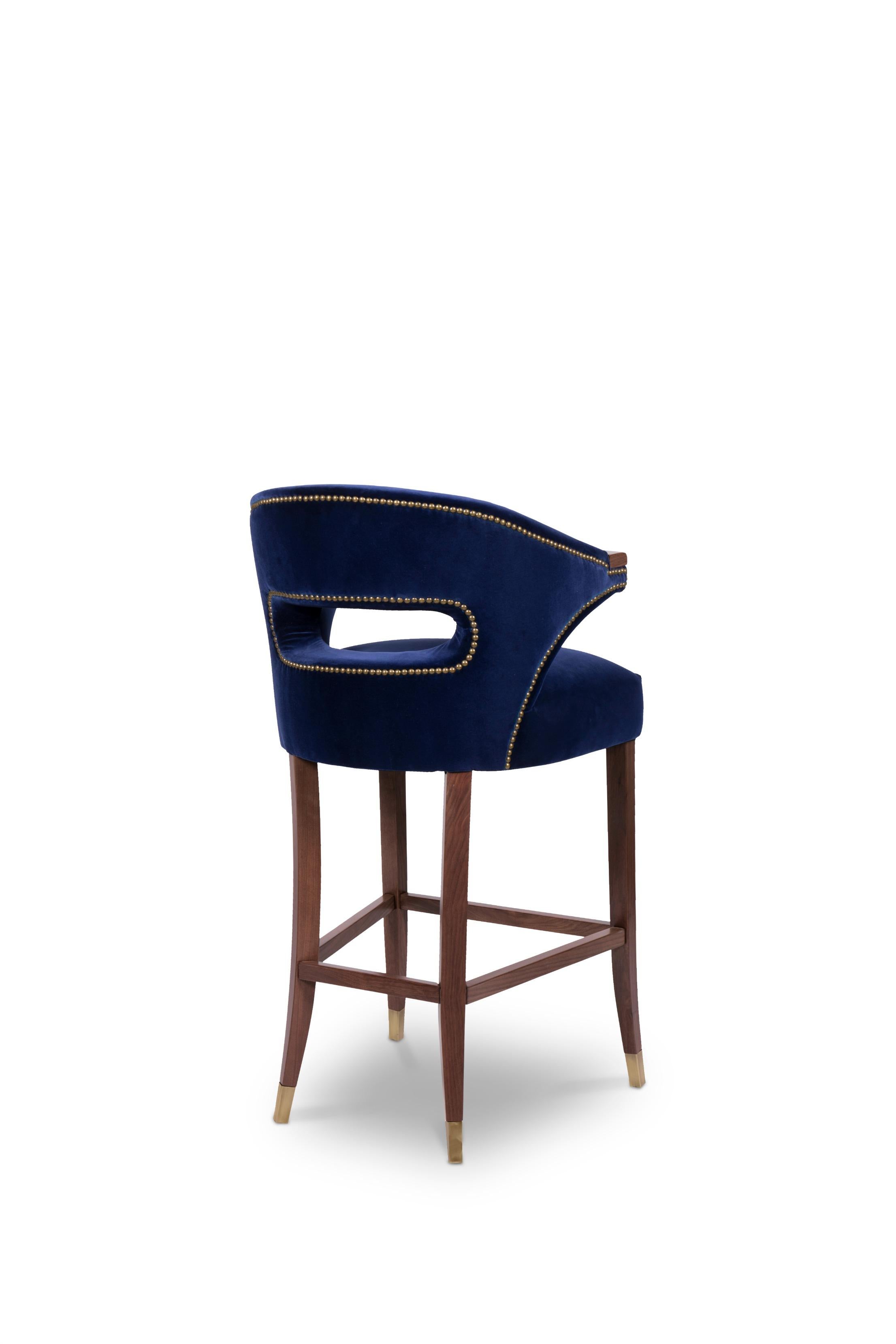 Portuguese Nanook Bar Chair in Cotton Velvet with Wood and Brass Detail For Sale