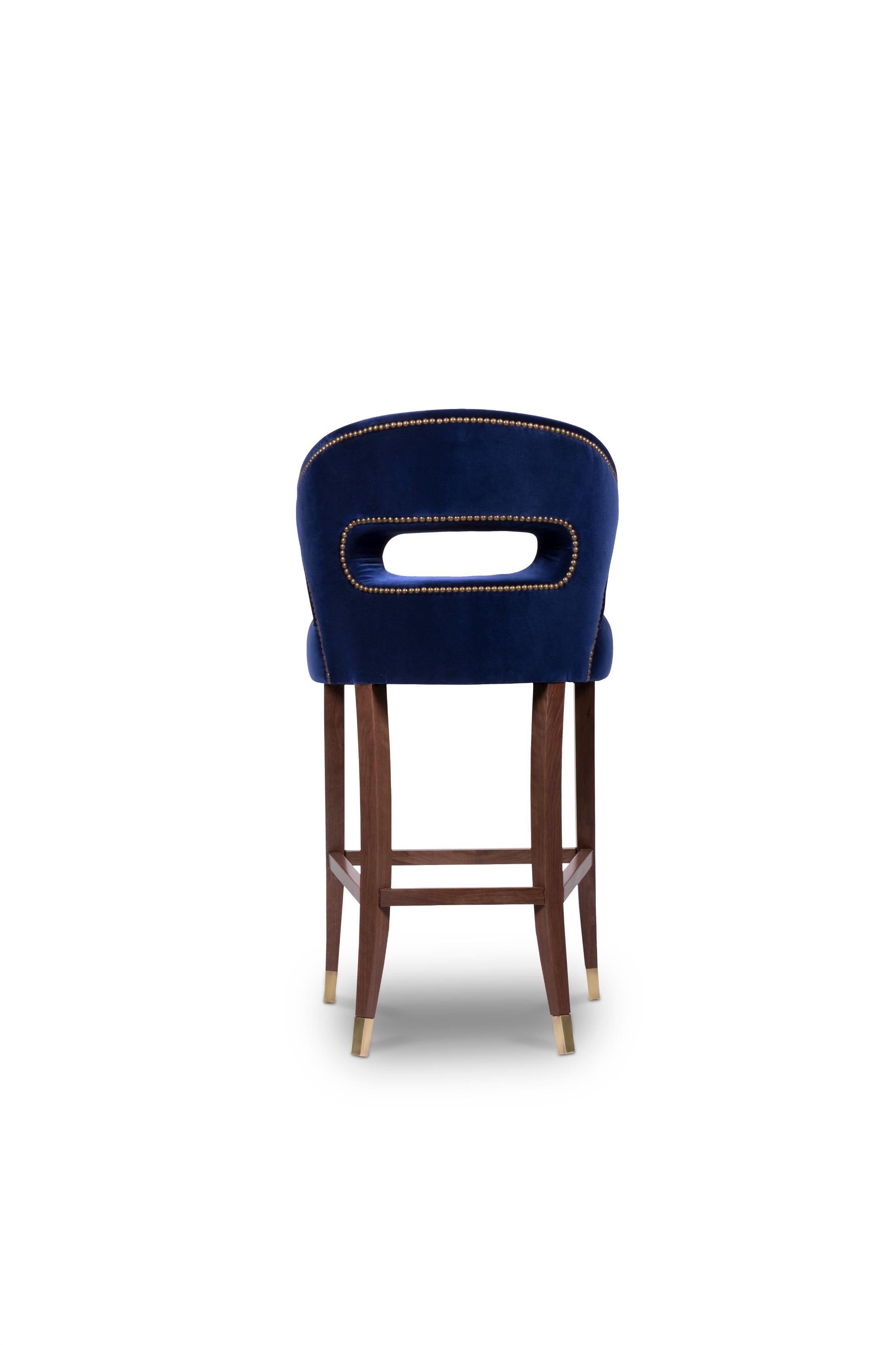 Nanook Bar Chair in Cotton Velvet with Wood and Brass Detail In New Condition For Sale In New York, NY