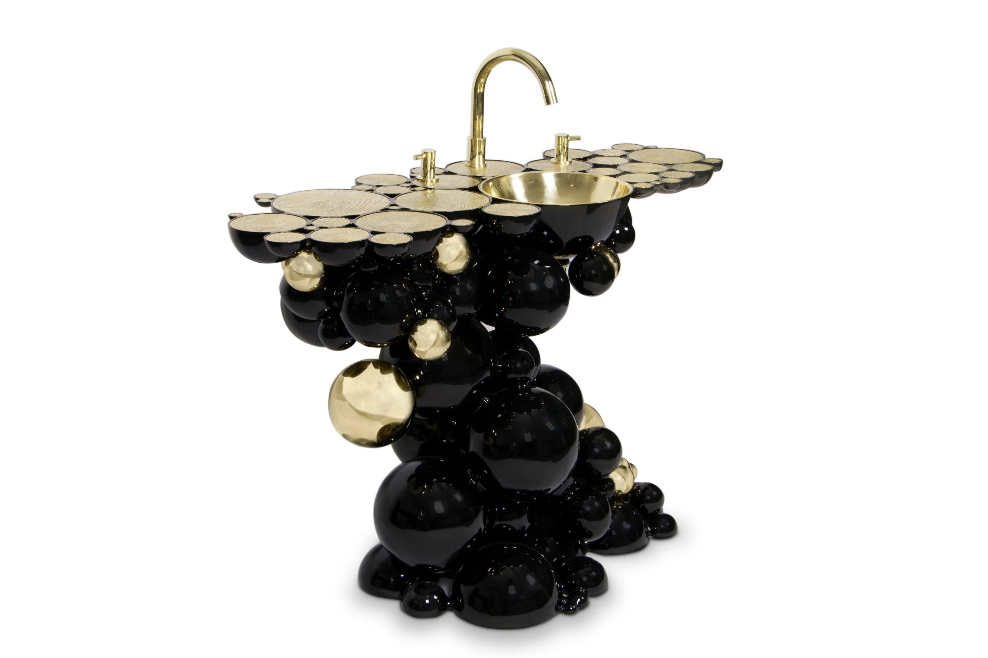 Modern Newton Washbasin in Black Lacquer with Gold Details by Maison Valentina For Sale