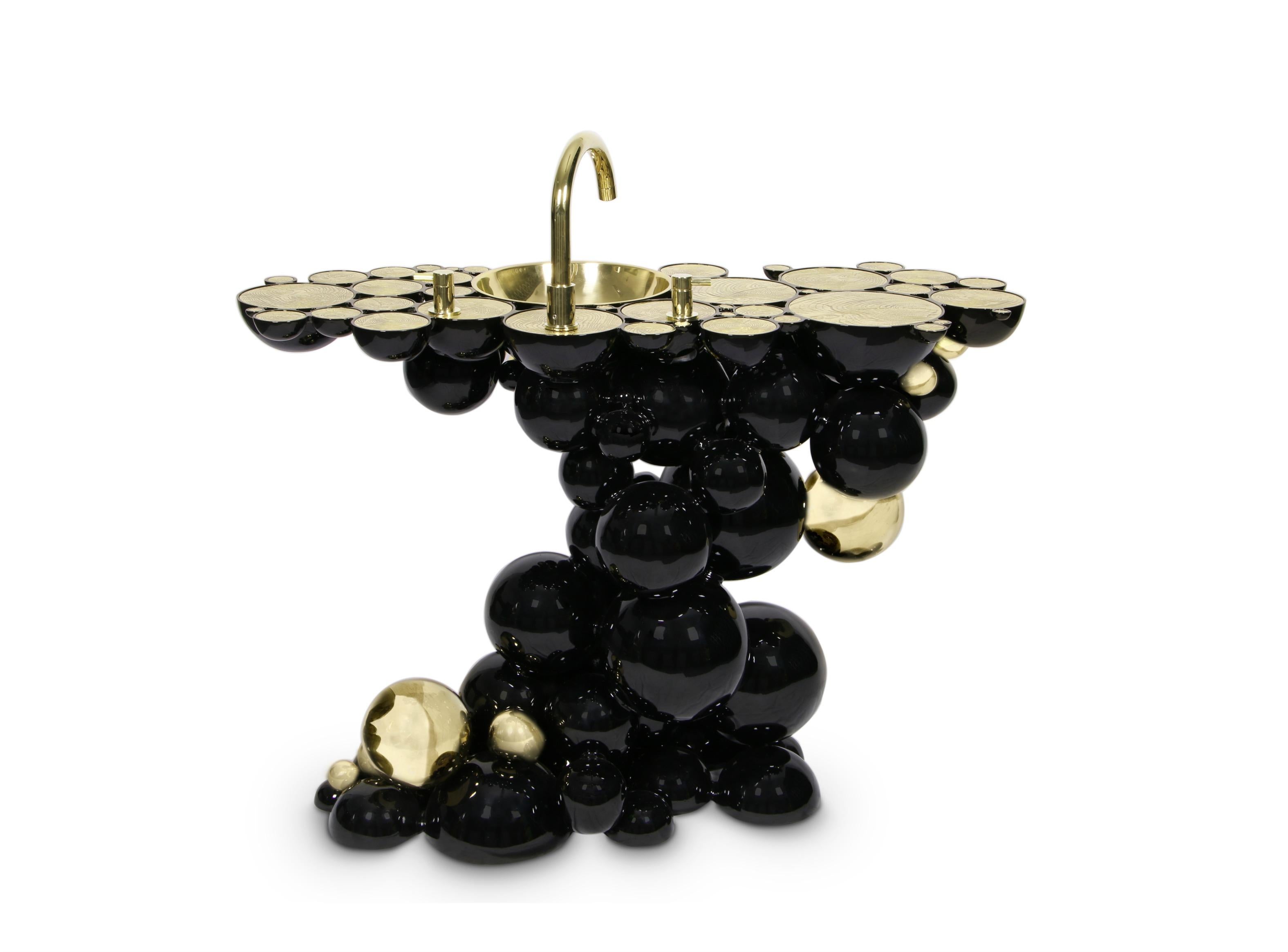 Portuguese Newton Washbasin in Black Lacquer with Gold Details by Maison Valentina For Sale