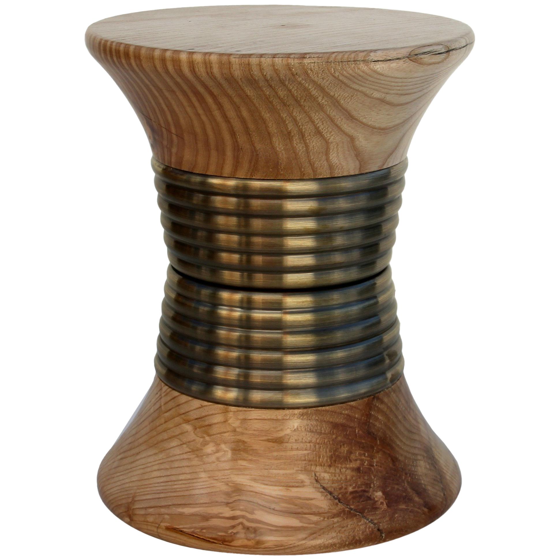 Padaung Wood Stool with Brass Base by Brabbu For Sale