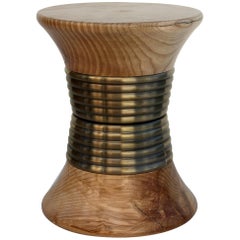 Padaung Wood Stool with Brass Base by Brabbu