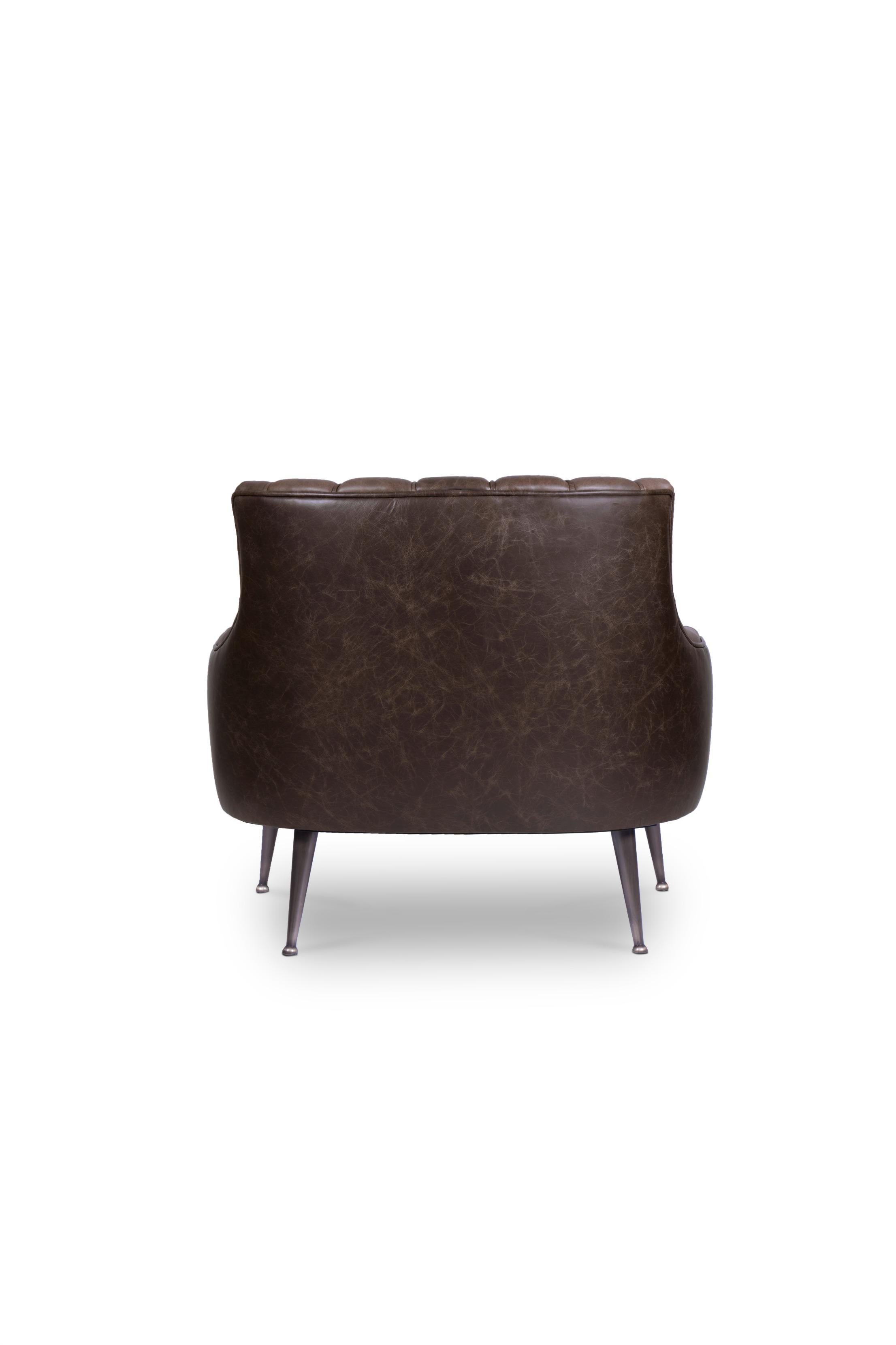 Contemporary Plum Armchair in Leather And Matte Aged Brass For Sale