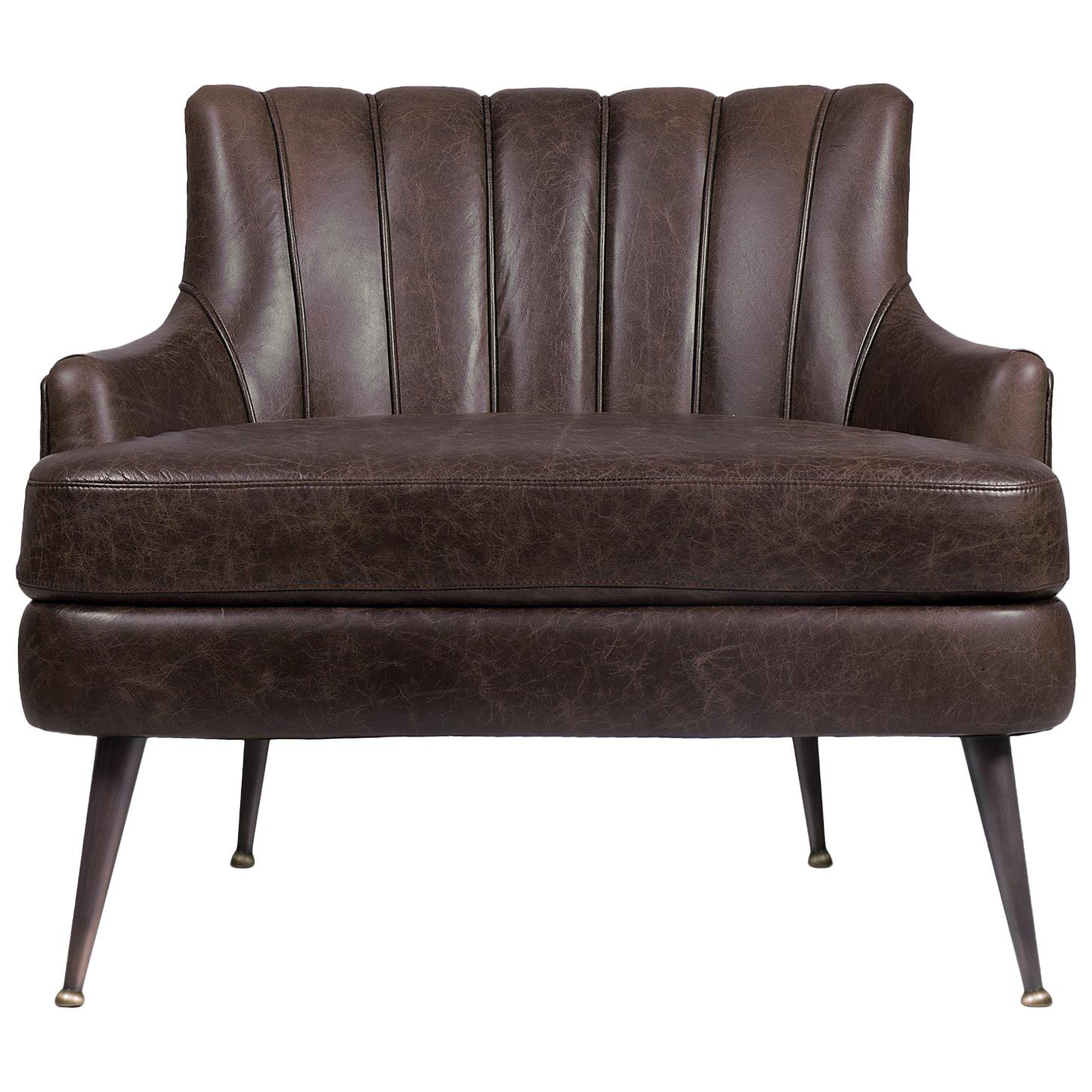 Plum Armchair in Leather And Matte Aged Brass For Sale