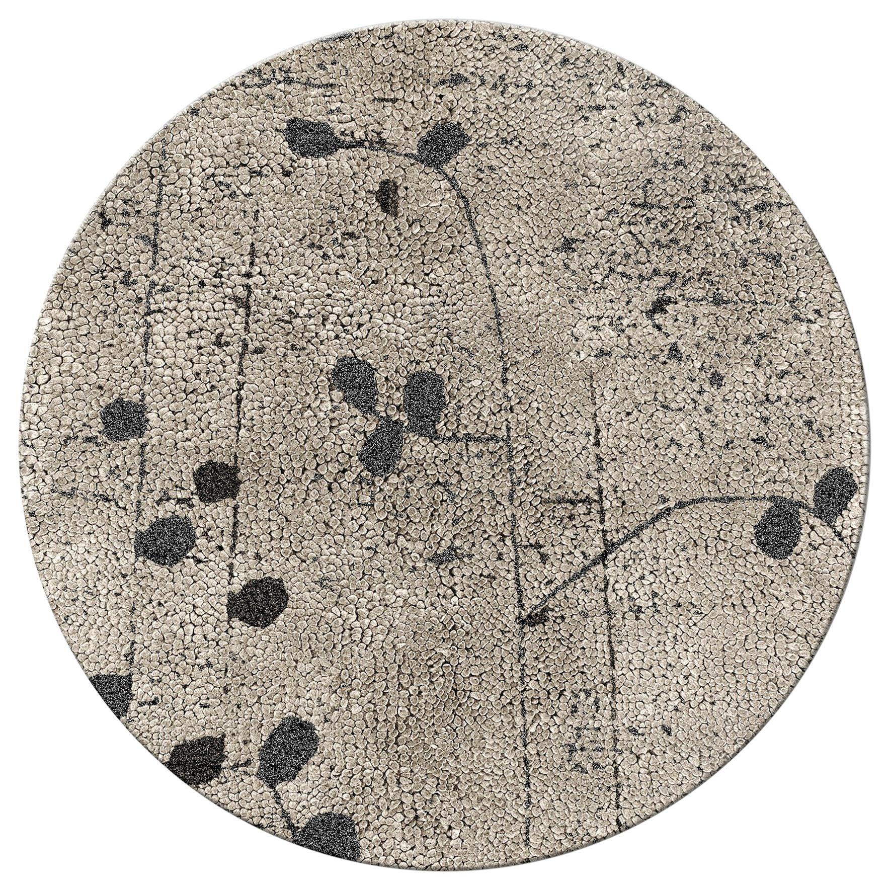 Poppy Circular Hand-Knotted Dyed Wool Rug II in Sand with Floral Pattern For Sale