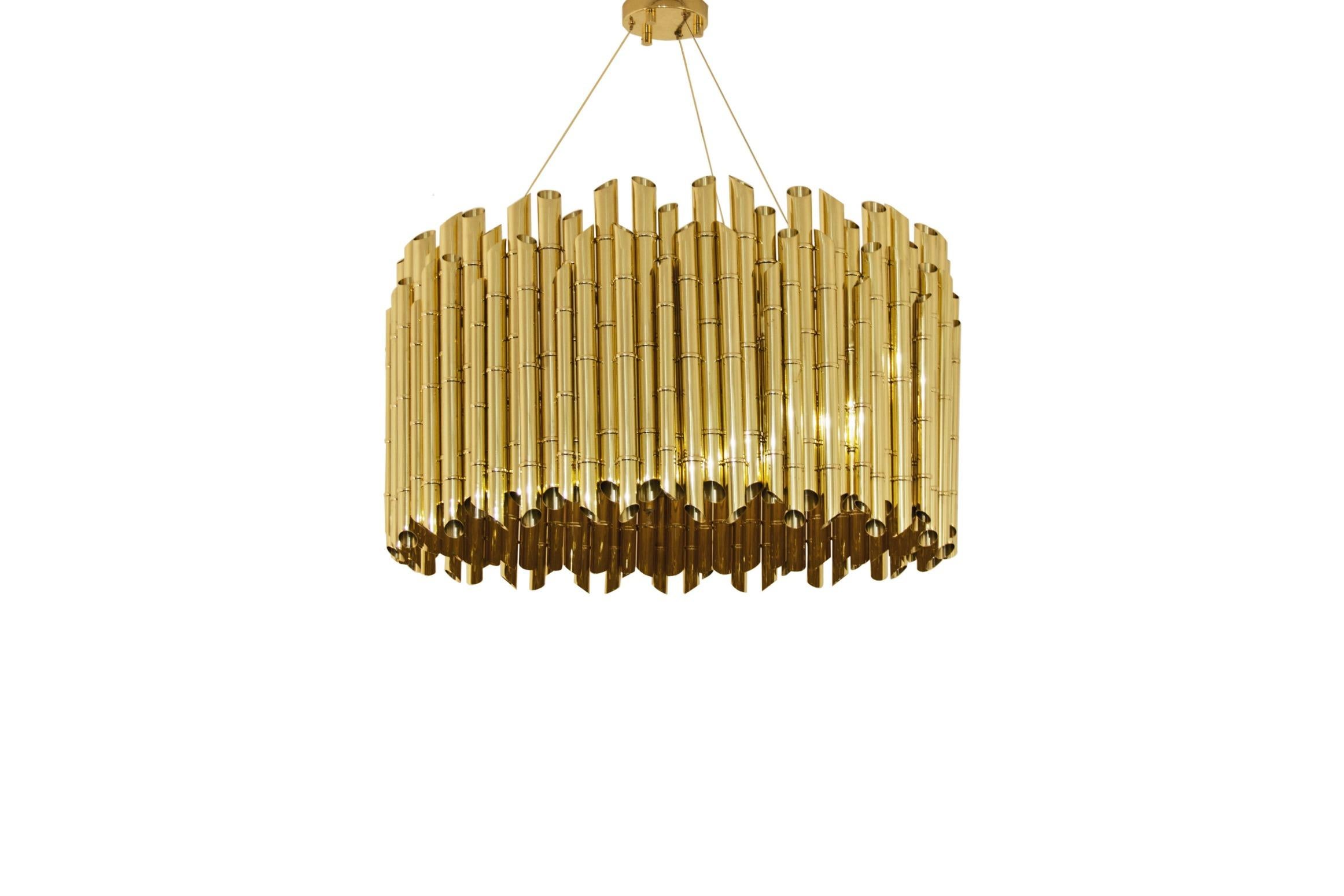 Located in Japan, Sakishima Islands are part of Ryukyu Islands chain. Saki suspension light is a tribute to this unforgettable island group. This glossy brass chandelier is a remarkable lighting piece that will create a warm and cozy modern interior
