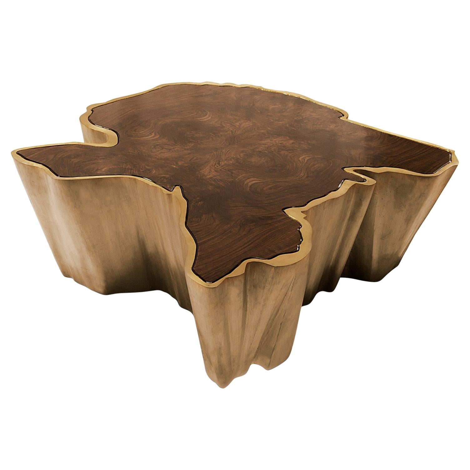 Sequoia Center Table in Brass with Walnut Top For Sale