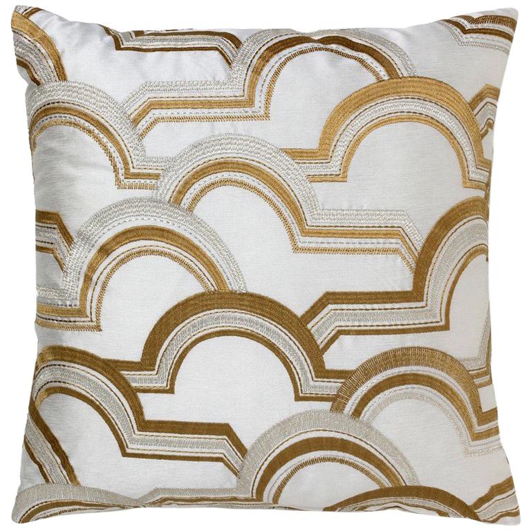 Brabbu Square Arco A Volta Pillow in White Satin with Gold Detail For Sale