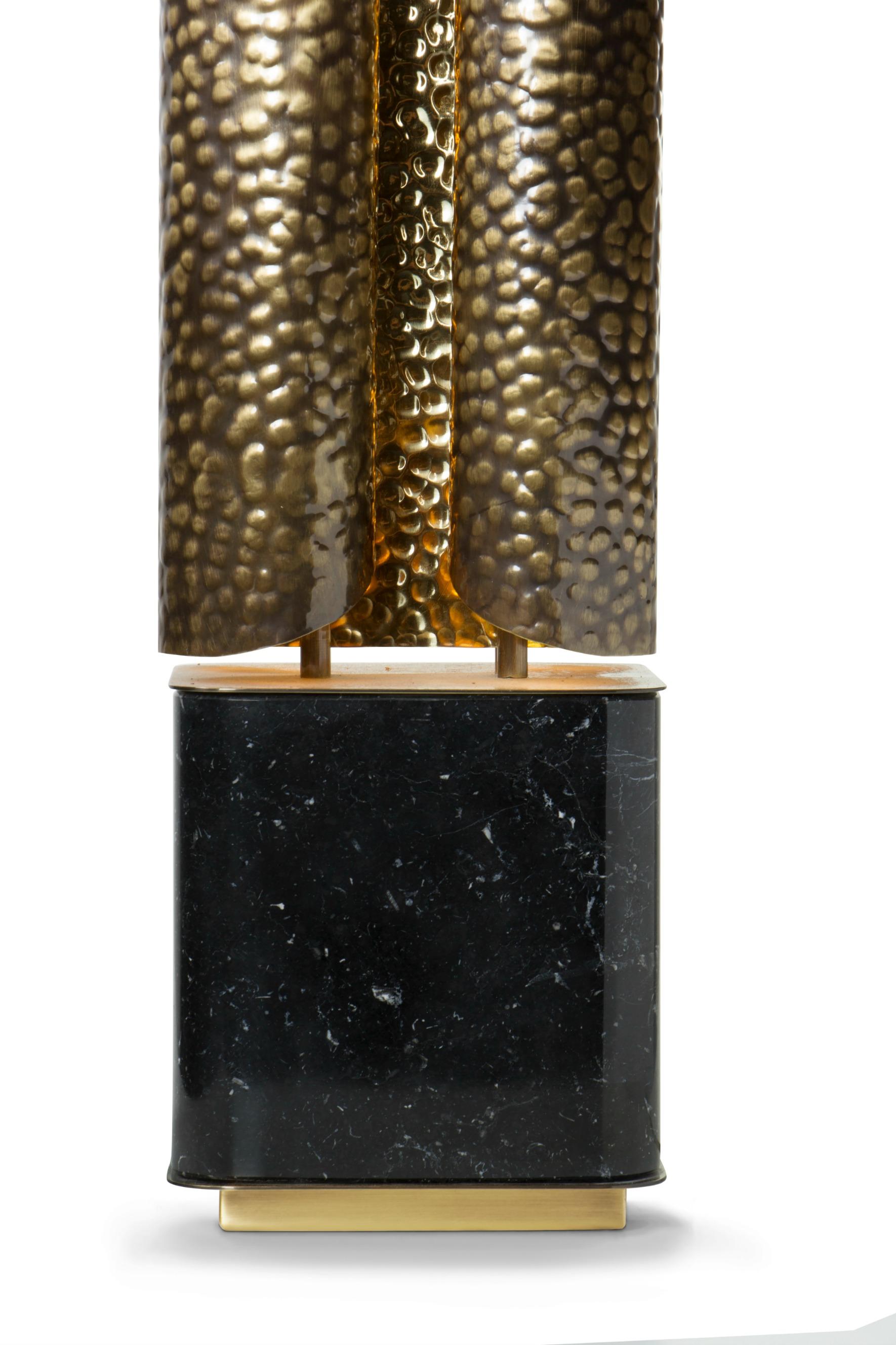 Mid-Century Modern Vellum Table Lamp in Hammered Aged Brass with Marble Base by Brabbu For Sale
