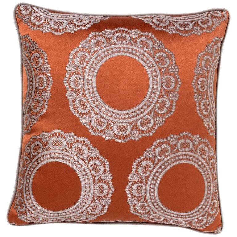 Brabbu Versailles Pillow in Orange Satin with Doily Pattern For Sale