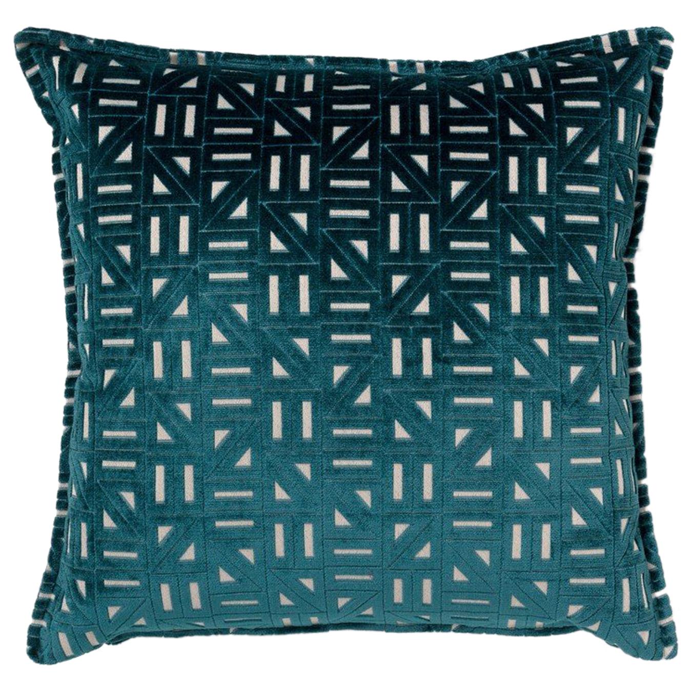 Brabbu Zellige Pillow in Blue Velvet with Geometric Pattern For Sale