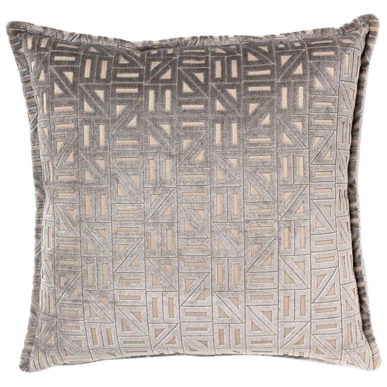 Brabbu Zellige Pillow in Gray Velvet with Geometric Pattern For Sale