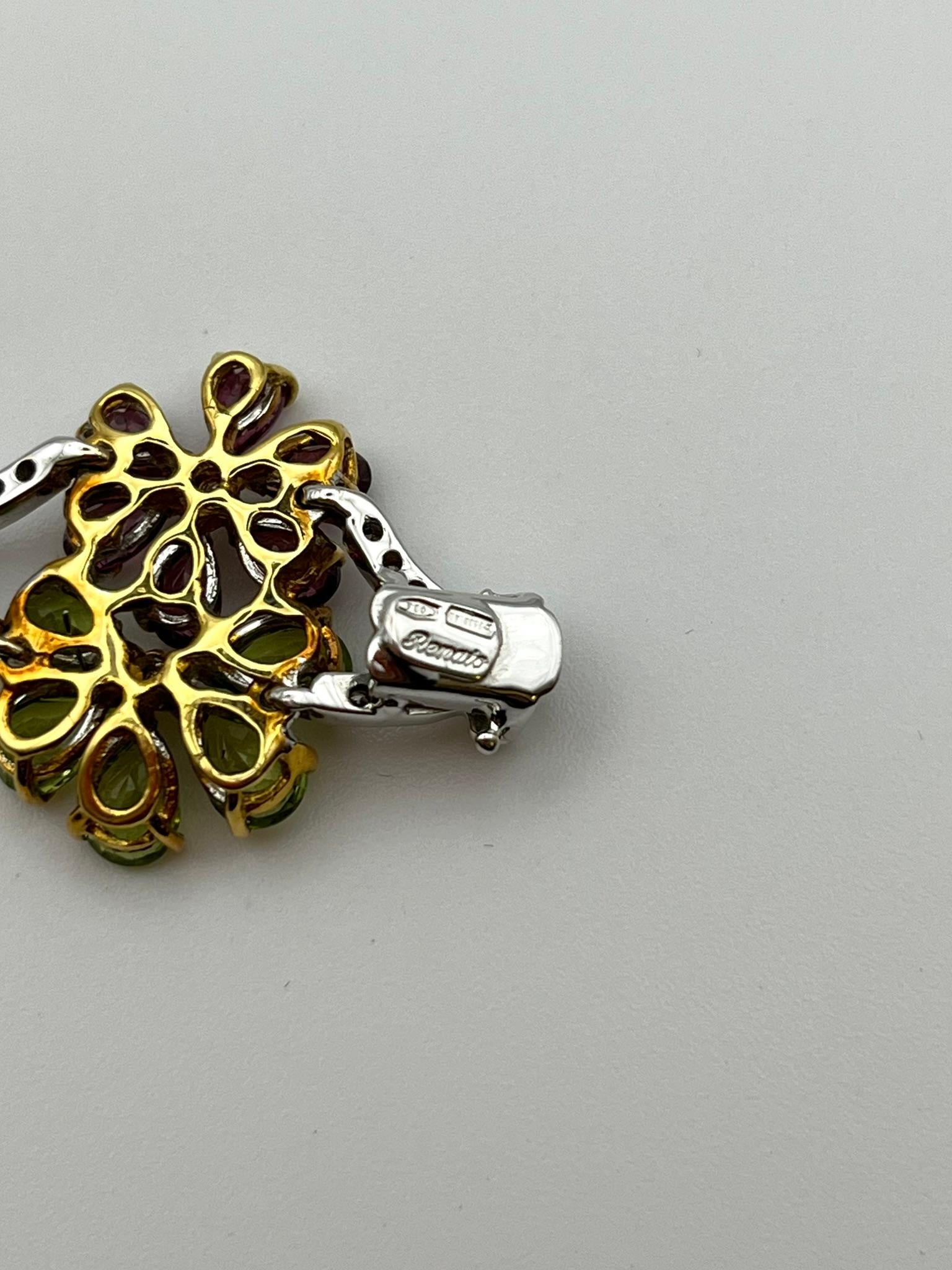 Bracciale a fiori artigianale in oro 18 kt. con peridot e rodolite e diamanti in vendita 1