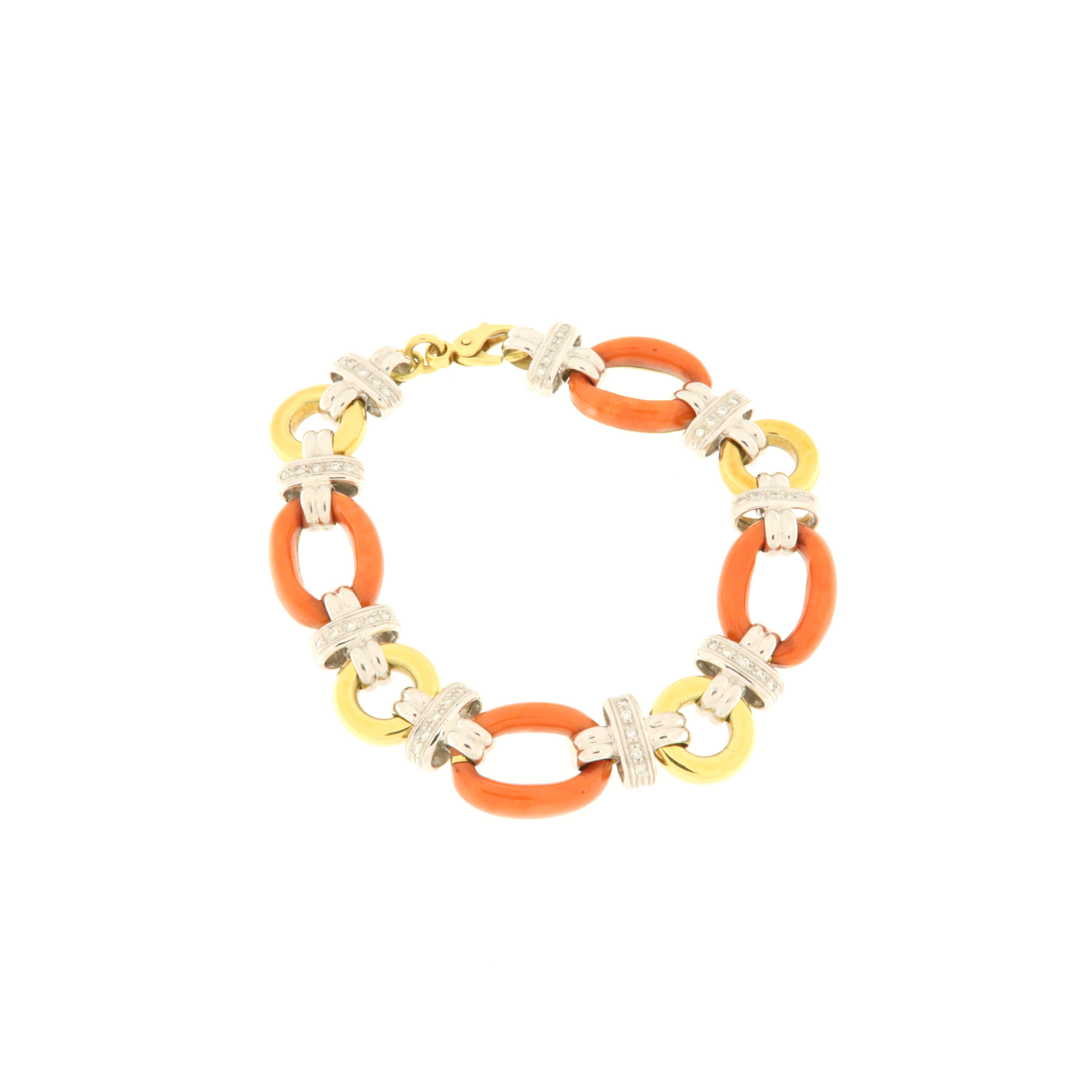 Moderne Bracelet à maillons souples en or jaune, or blanc, brillants et ovales orange en vente
