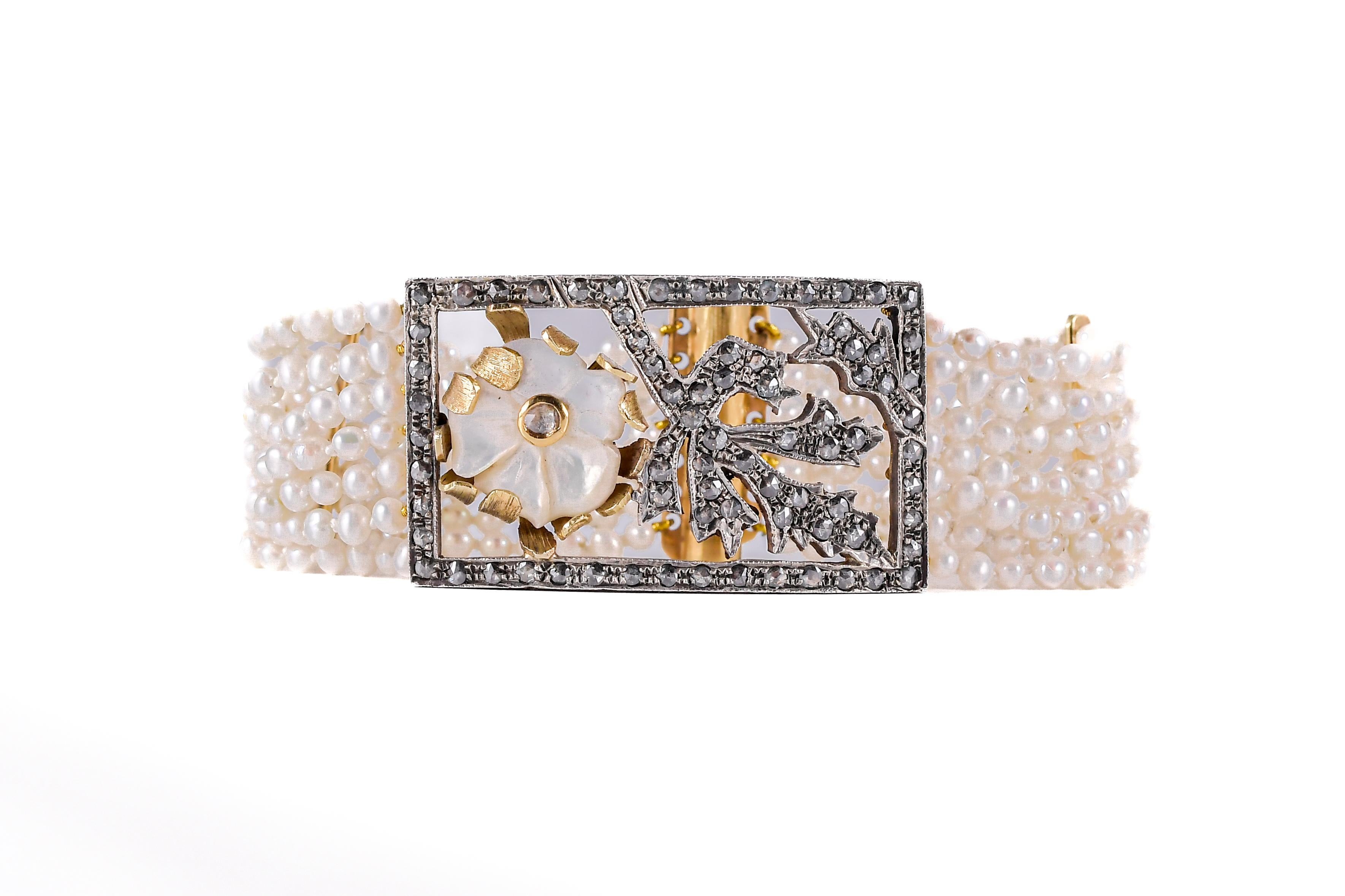 Bracelet en or 18k et argent 14k avec perles d'eau douce et diamants Pour hommes en vente