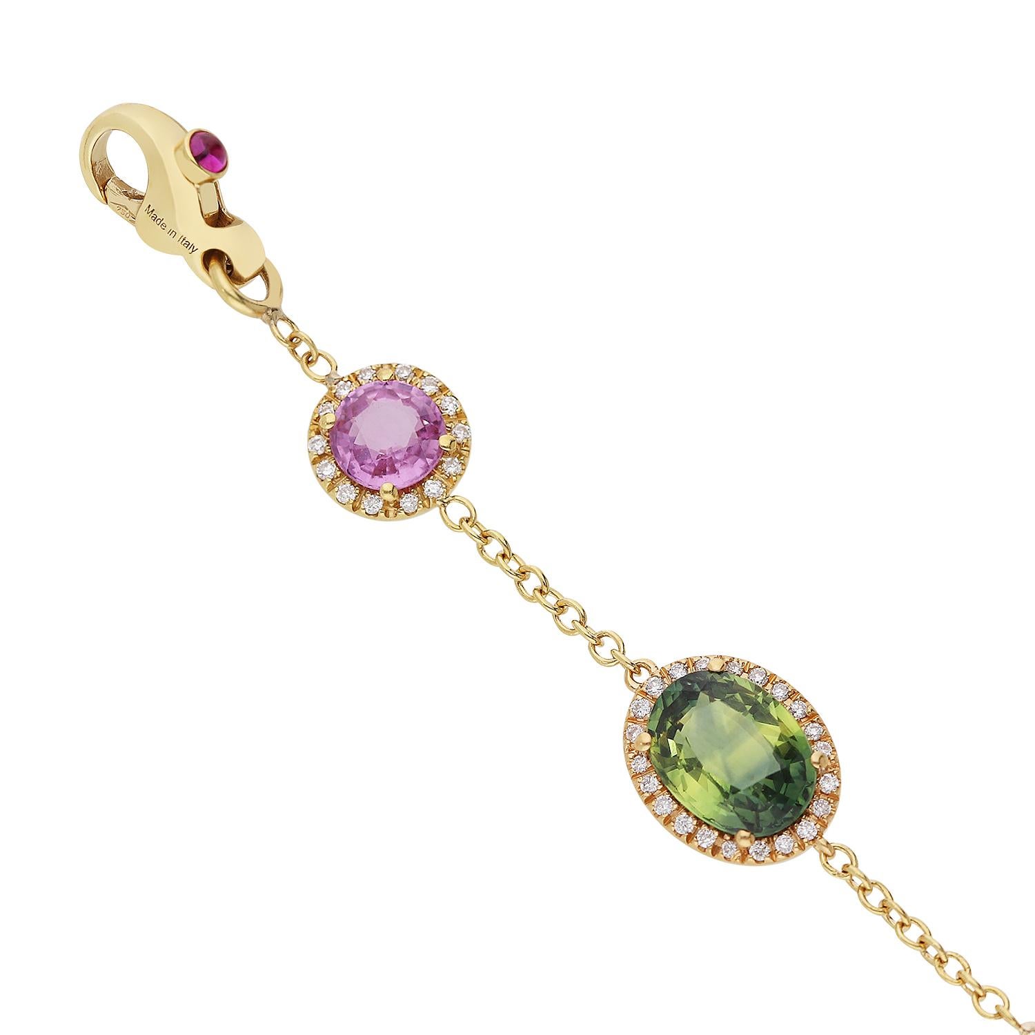 Contemporary 18kt yellow gold bracelet with White Diamonds and Multicolor Sapphires For Sale