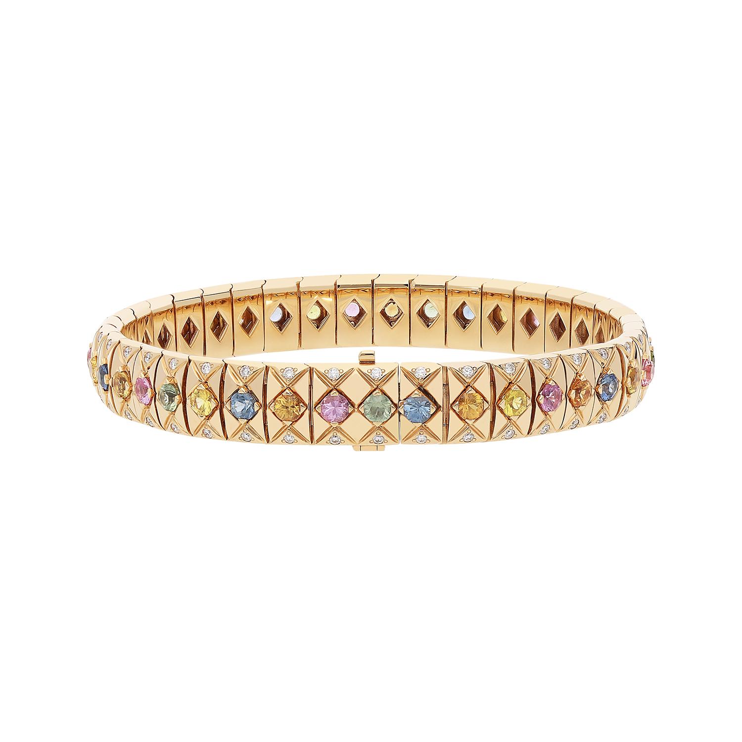 Taille brillant Bracelet en or rose 18kt avec diamants blancs et saphirs multicolores en vente