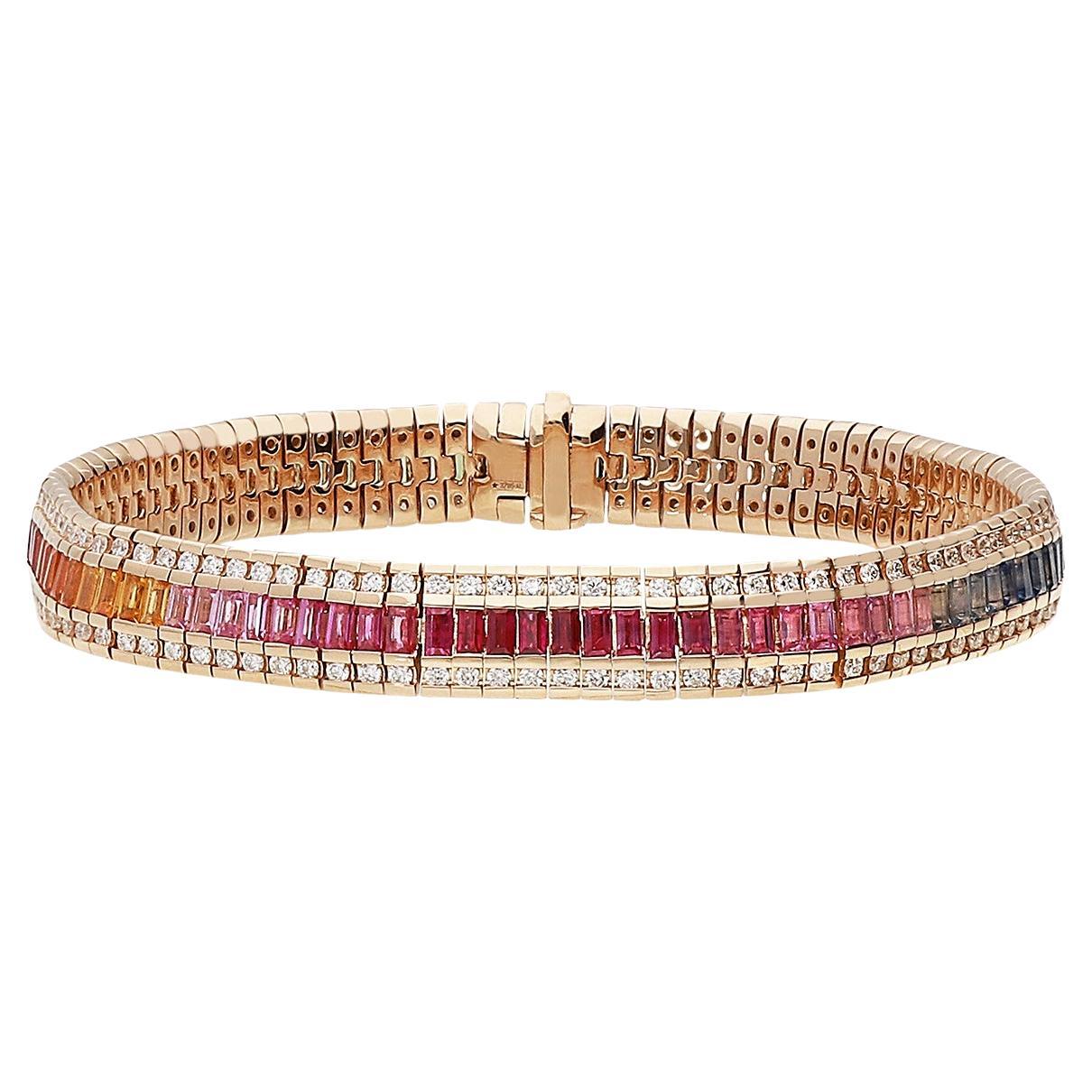 Bracelet en or rose 18kt avec diamants blancs et saphirs multicolores en vente