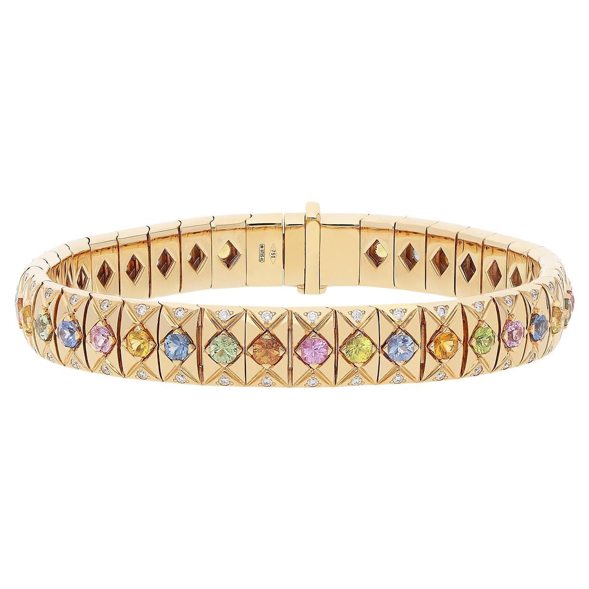 Bracelet en or rose 18kt avec diamants blancs et saphirs multicolores en vente