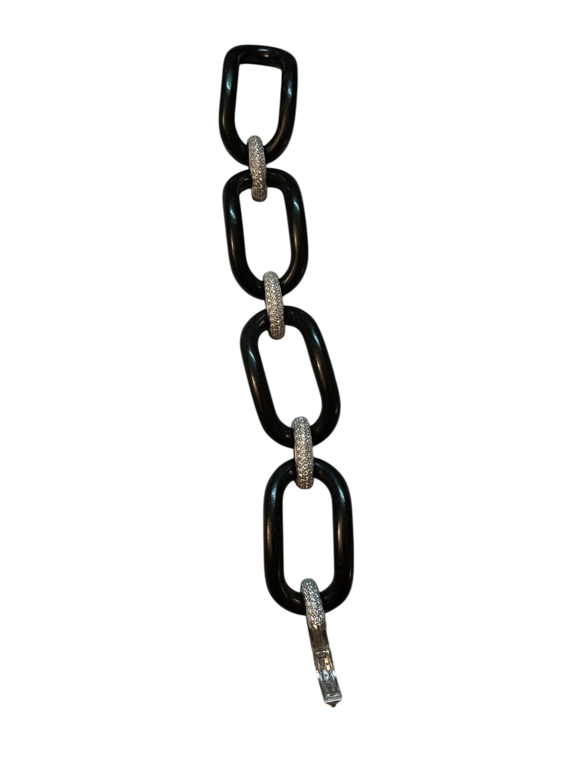 Taglio brillante Bracciale Micheletto Ebano e Argento Rodiato Con Zirconi a Quattro Maglie in vendita